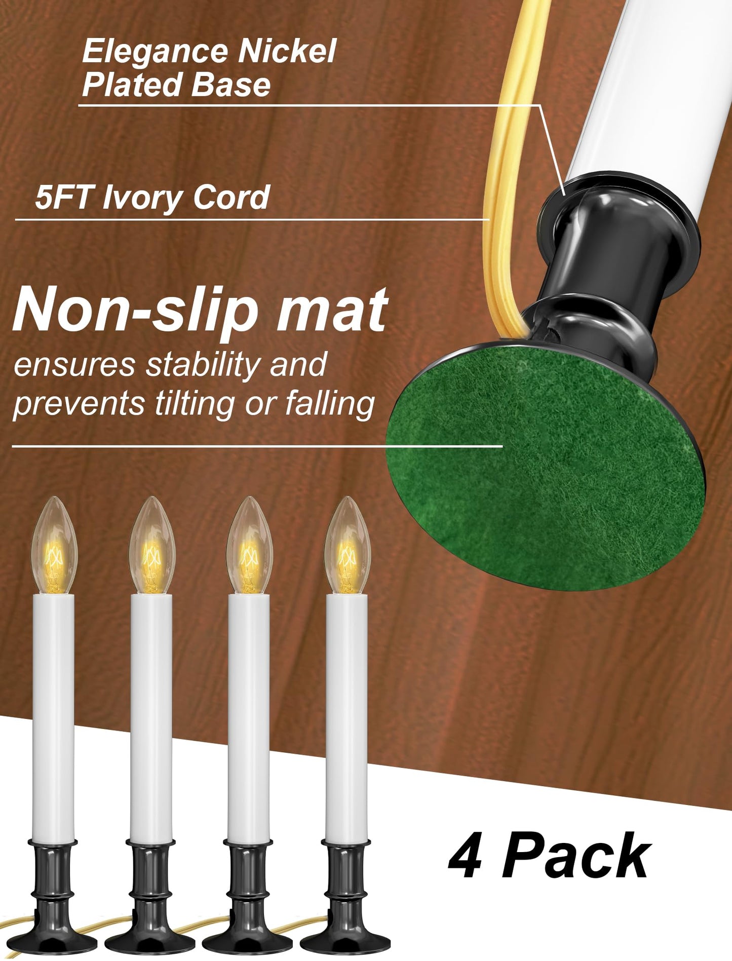Romasaty Electric Window Candle Lamp, Christmas Window Candles Lights with Nickel Plated Base and C26 Light Bulb, Plug in Candles Lamps for Christmas Home Table Decor- 4 Pack