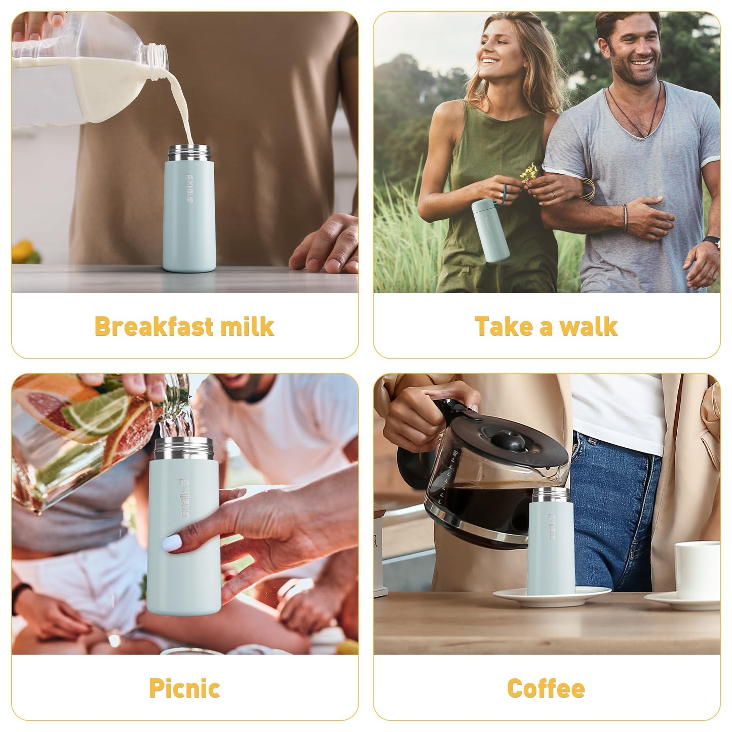 8 oz Water Bottles Made of 304 Stainless Steel, Small Water Bottles Double Wall Vacuum Insulation for Hot&Cold Drinks, Water Bottle Purse with Carry Handle - 100% Leakproof (Grayish Blue)