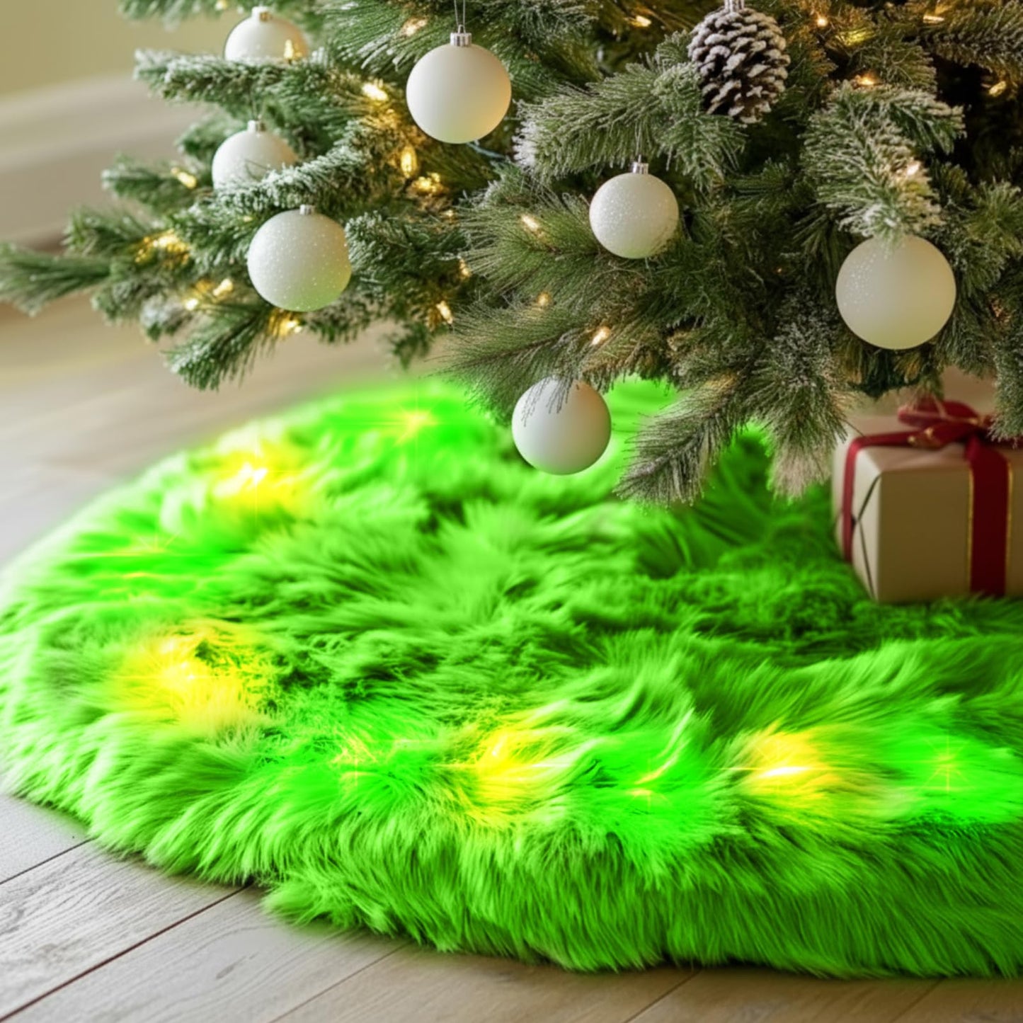 Soulchen 72 Inch Lime Green Christmas Tree Skirt with LED Light Fur Xmas Tree Collar Mat Pure Faux Round Carpet for Merry Christmas Xmas Decoration Home Decor Party Ornaments