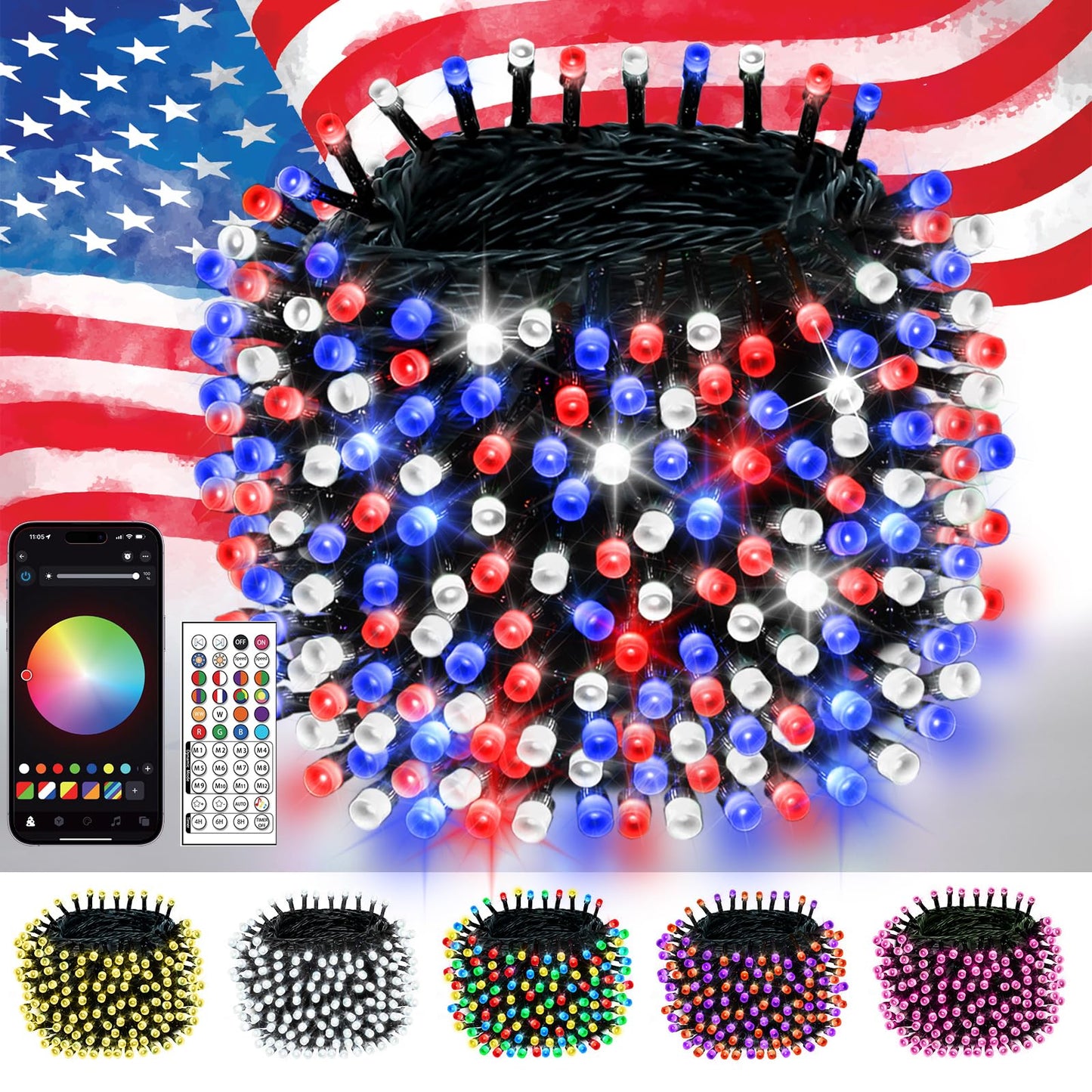 300LED Smart 4th of July String Lights | 107FT App Controlled Red White and Blue American Flag Lights, Waterproof Patriotic RGB Color Changing String Lights with Remote & Timer Outdoor for Memory Day