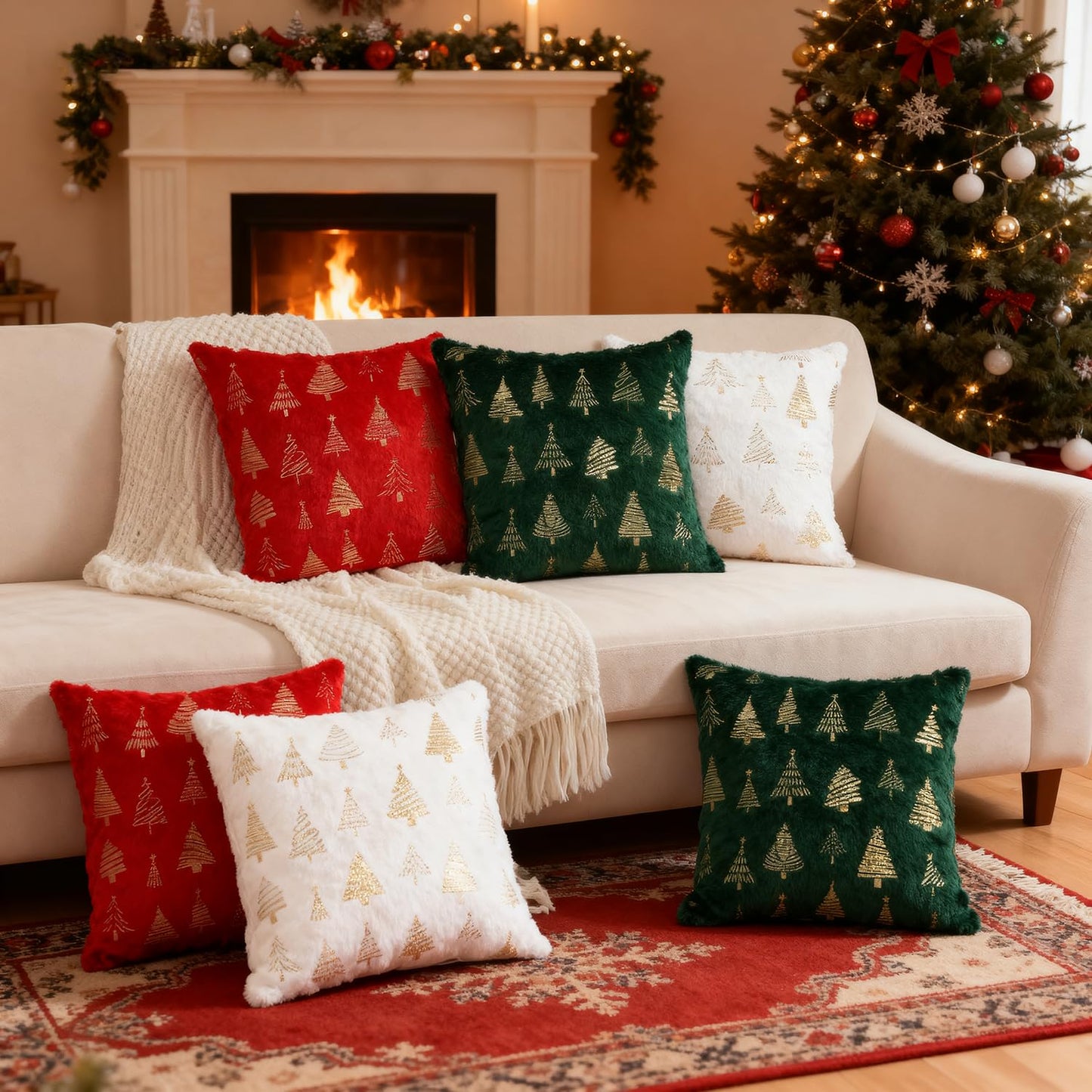 Artmag Christmas Tree Throw Pillow Covers 20x20 inch Set of 2, Decorative Golden Tree Pillow Covers Cushion Case Holiday Decoration for Home Couch Sofa