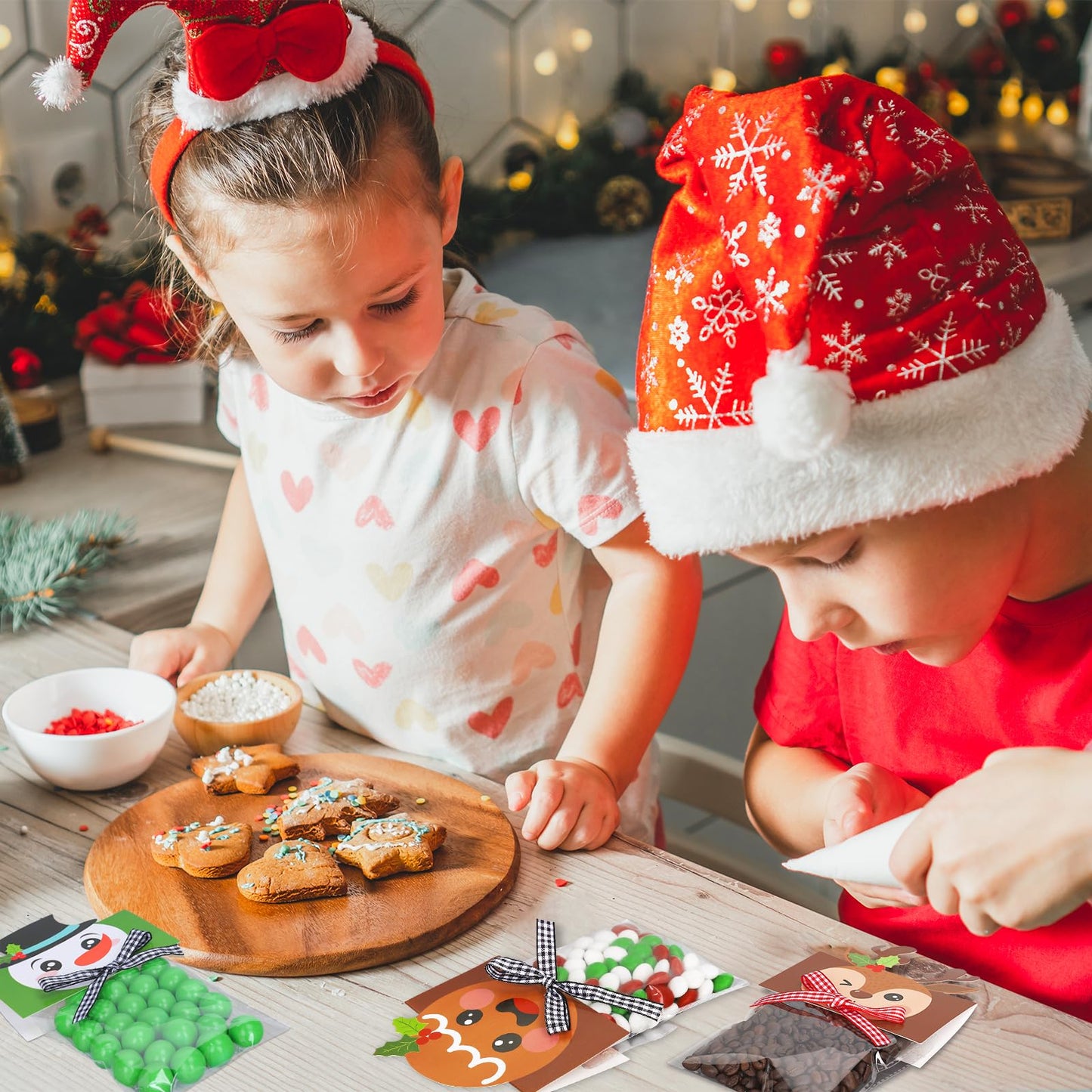 Whaline 180 Pcs Christmas Self-Adhesive Goody Bag with Topper Bow Snowman Santa Elk Gingerbread Candy Cello Bag Plastic Xmas Favor Treat Bag for Winter Party Wrapping