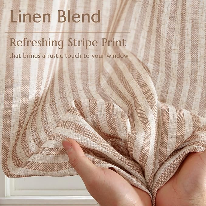 jinchan Striped Linen Kitchen Curtains 30 Inches Length Tier Curtains Farmhouse Modern Cafe Style Small Window Treatments Airy Light Filtering Rod Pocket for Living Room Bathroom 2 Panels Tan
