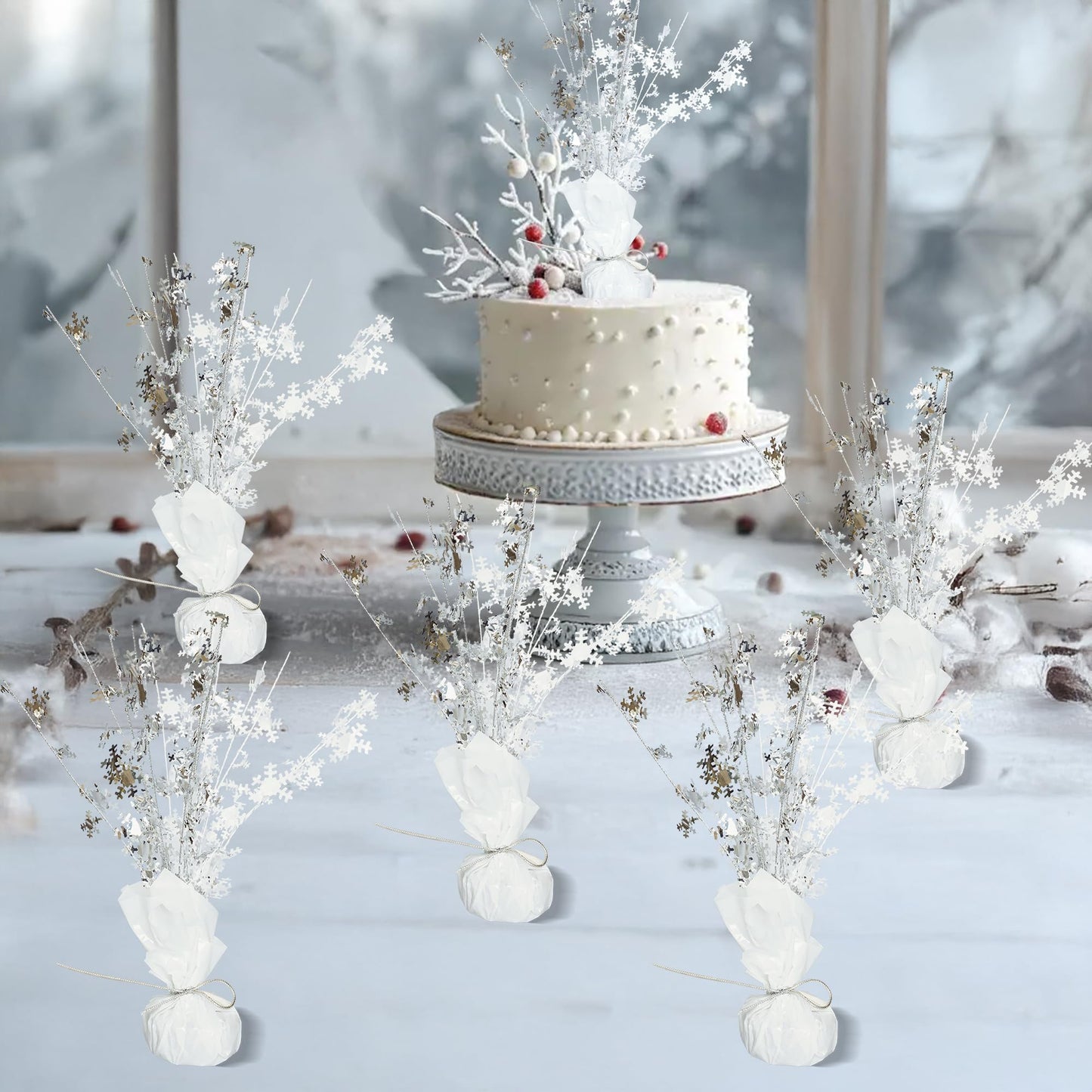Gyufise 6 Pack Metallic Foil Spray Centerpiece Snowflake Table Decoration Burst Table Centerpieces Table Decor for Winter Wonderland Birthday Wedding Anniversary Holiday Party Supplies Silver White