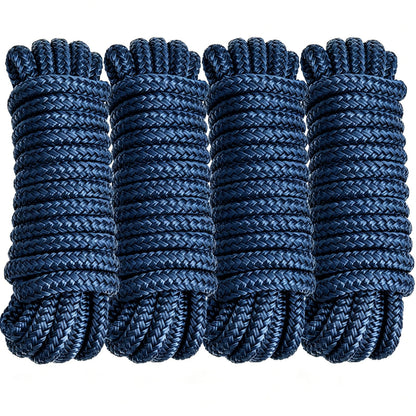 PropelTech 4 Pack 3/8" x 15’ Boat Dock Lines for Boat & Pontoon, Premium Marine- Grade Double Braided Nylon Dock Line, Pre-Spliced with a 12" Eyelet-Navy Blue,Boating Gifts for Men