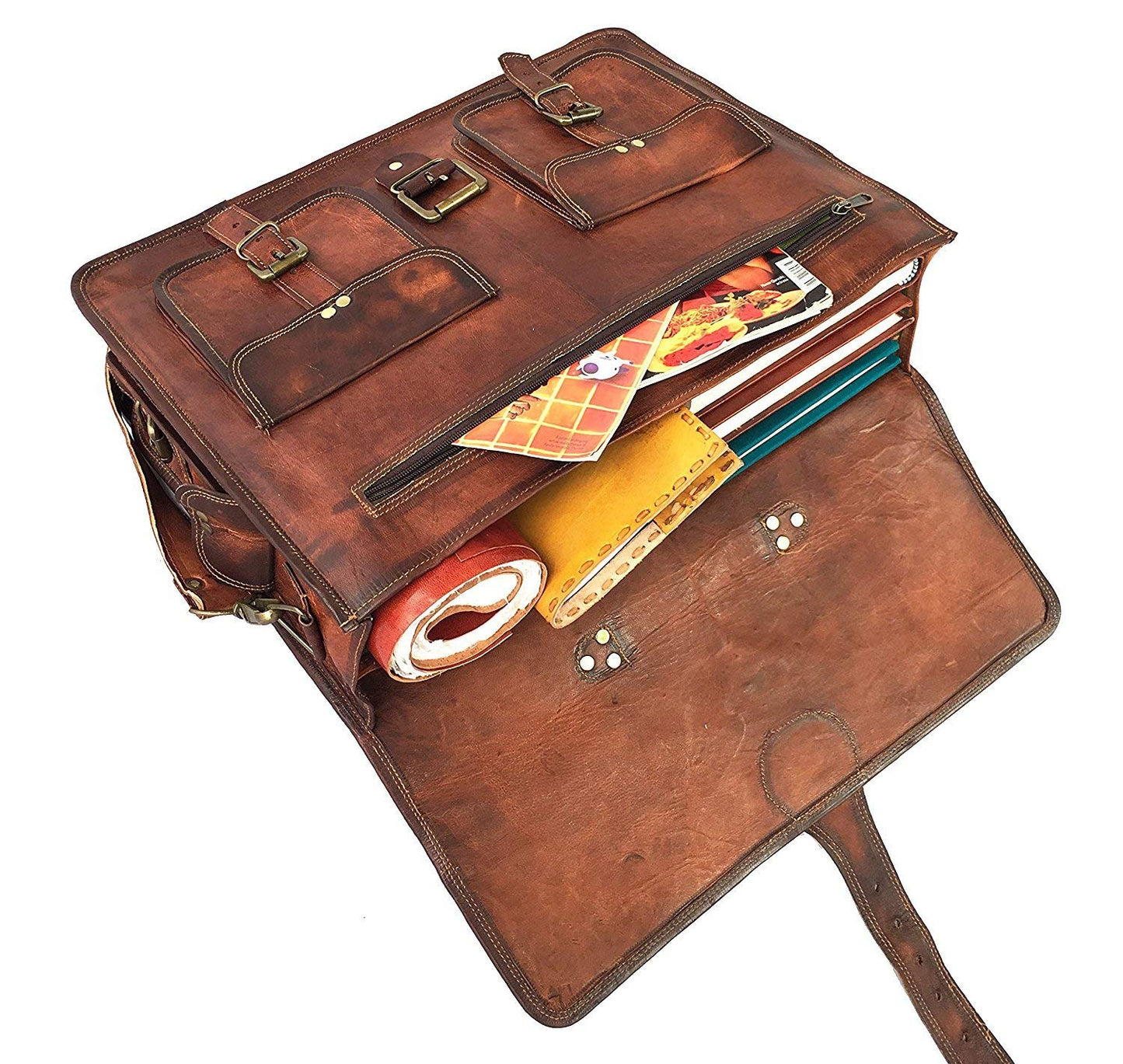 18" Messenger Laptop Briefcase Bag For Men With Vintage Leather Toiletry Dopp Kit