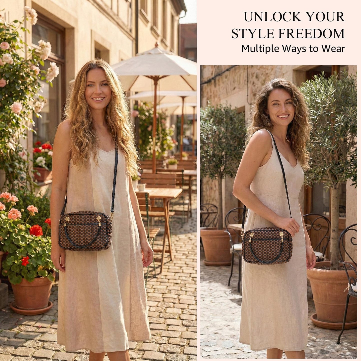 Woven Crossbody Bags for Women, Vegan Leather Two-Tone Satchel with Braided Top Handle, Structured Checkerboard Shoulder Purse with Adjustable Strap