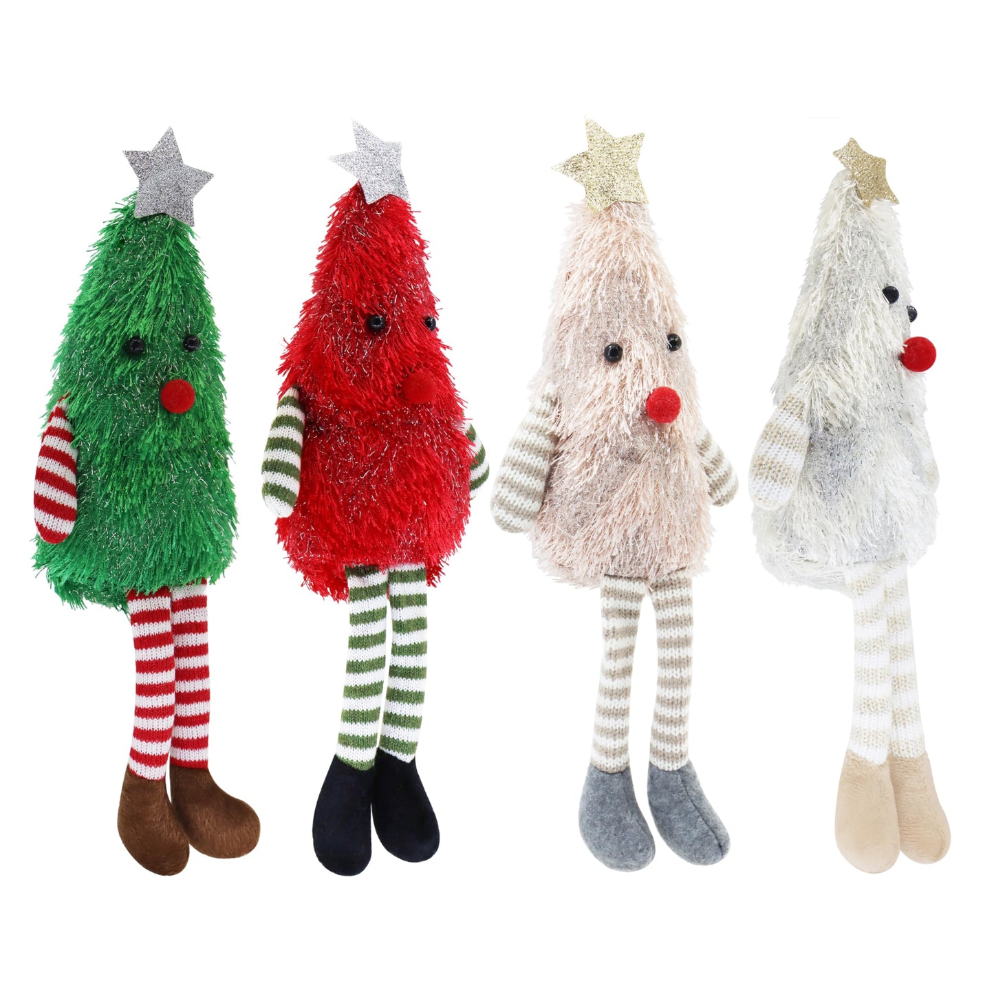Beaver Rain Cat 4-Pack Christmas Tree Plush Dolls, Festive Stuffed Figurines with Striped Legs & Star Toppers for Holiday Decor