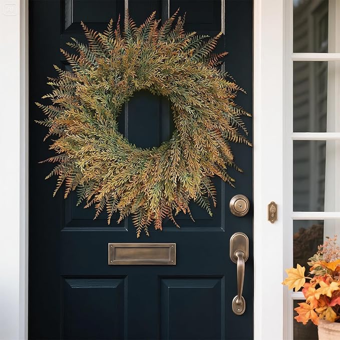 26'' Large Fall Wreath for Front Door, Porch, Window- Artificial Fern Leaves and Faux Wheat Grass Outdoor Autumn Wreath for Home, Farmhouse Wall Thanksgiving Day Harvest Festival Decor