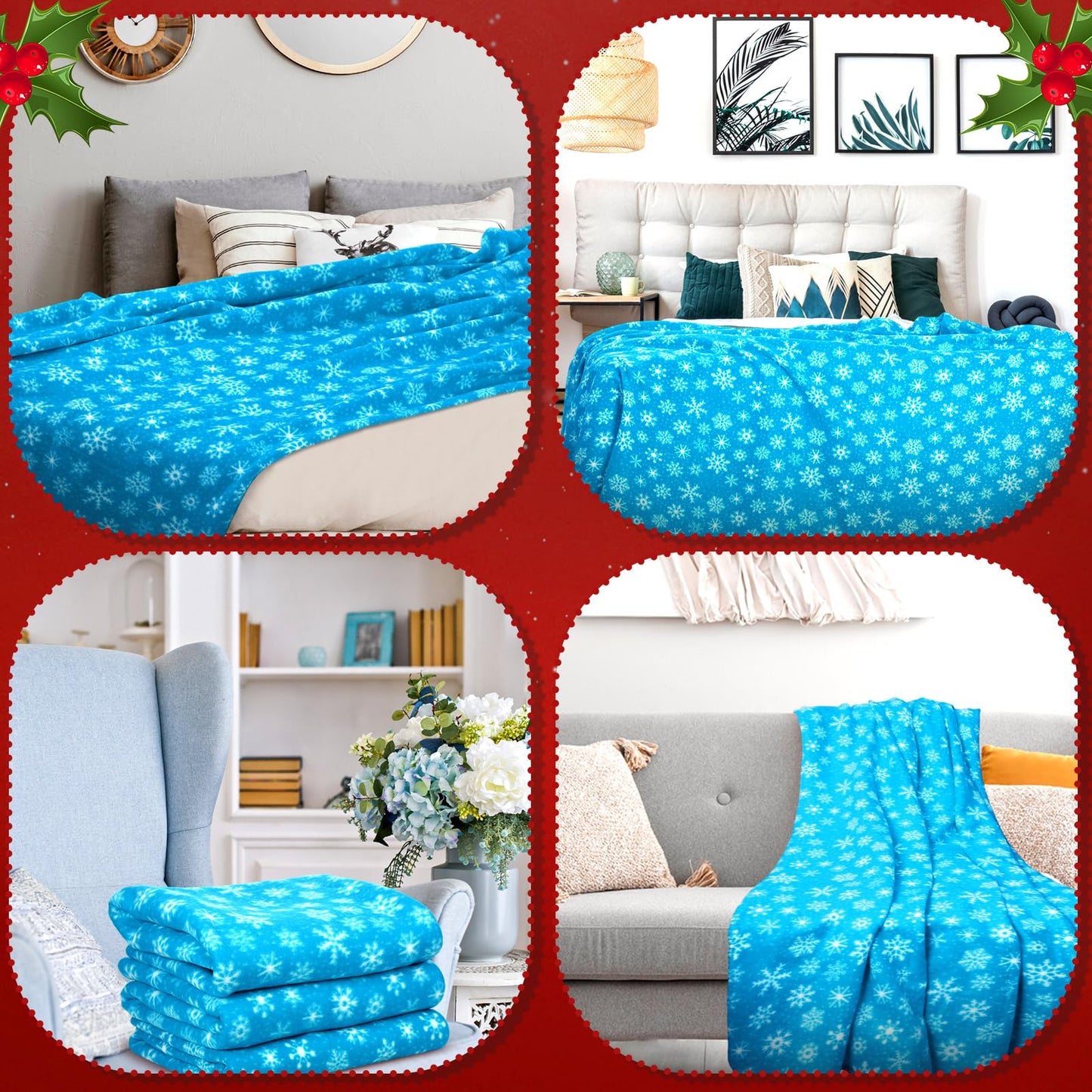 Moukeren 24 Pcs Christmas Snowflake Throw Blanket Bulk, 59 x 47 Inch Xmas Winter Throw Blanket Christmas Warm Soft Cozy Fleece for Home Bedding Couch Chair Gift (Blue)