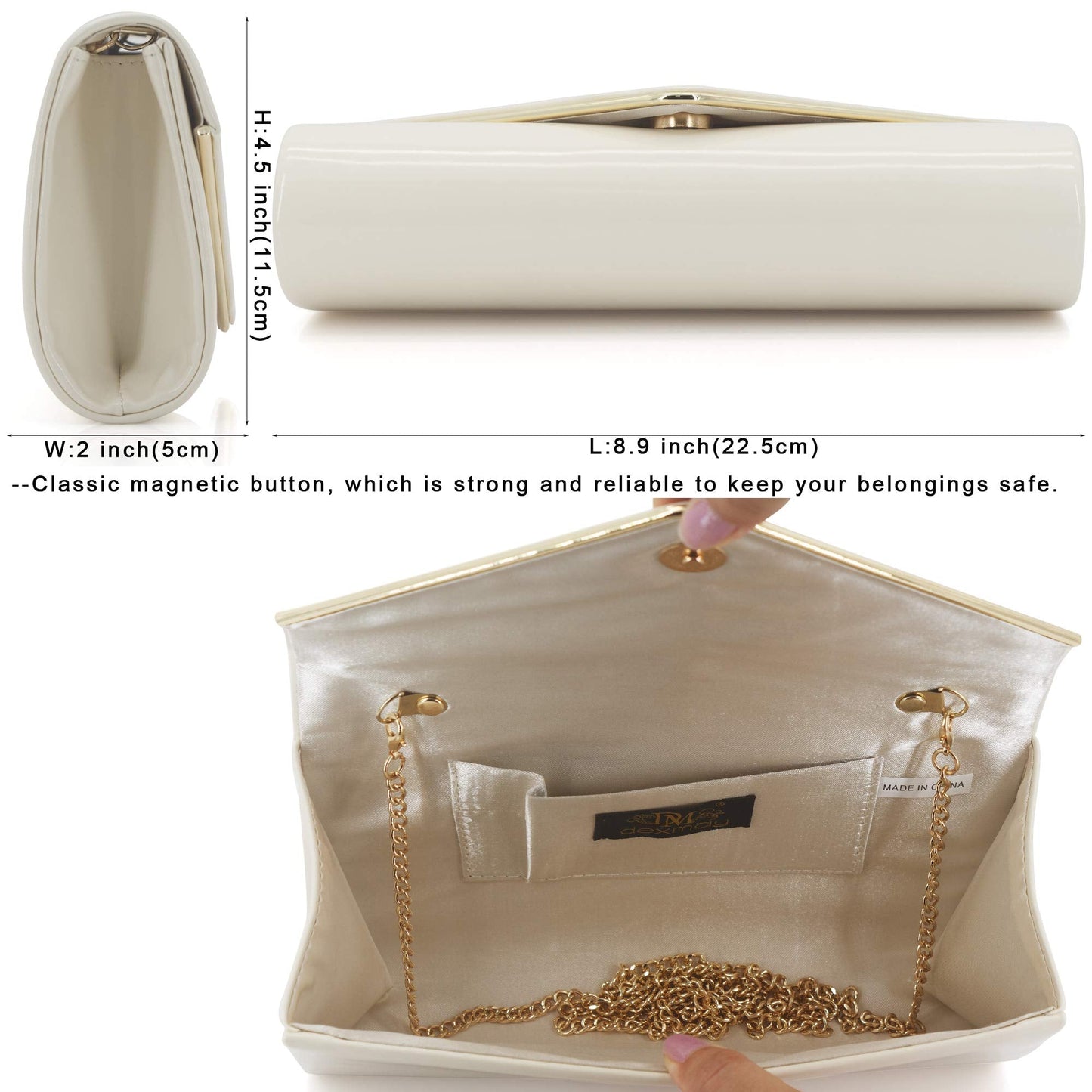 Dexmay Envelope Clutch Purse for Women Shiny Patent Leather Foldover Evening Bag Formal Handbag Ivory