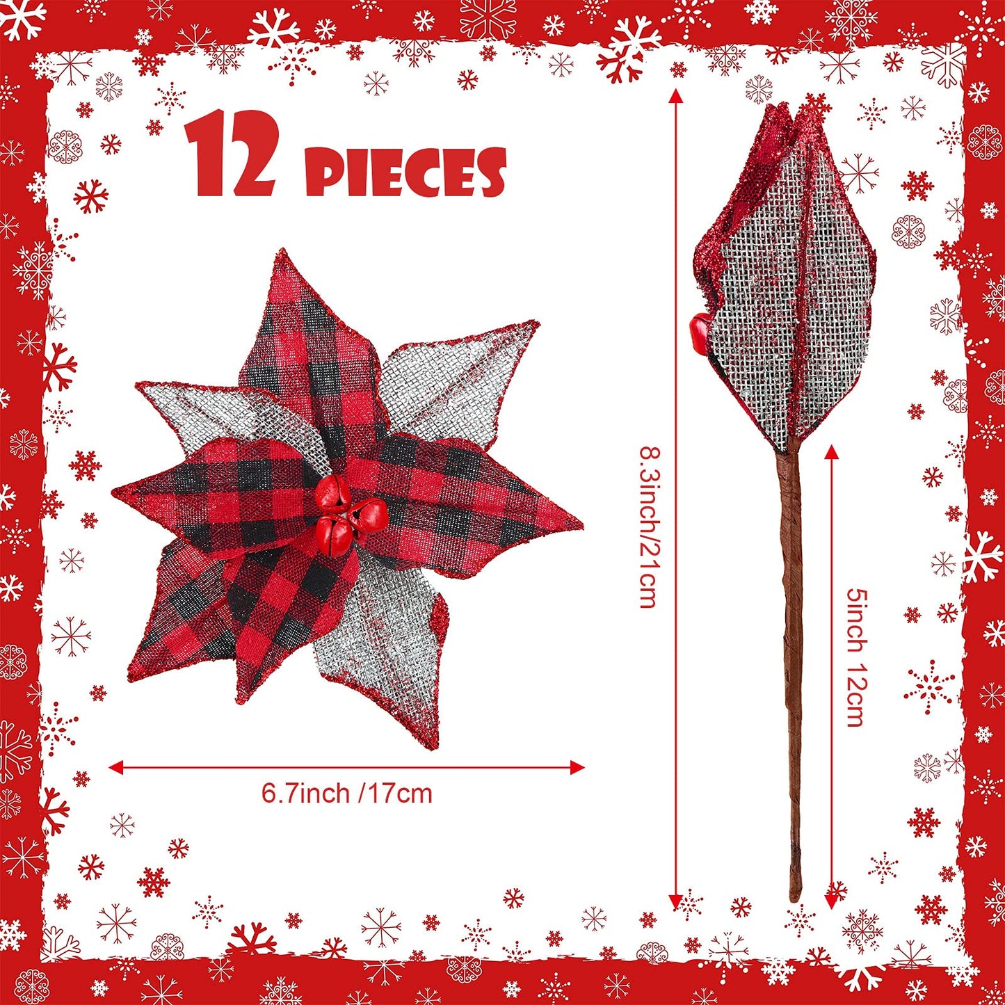 Chuangdi 12 Pcs Buffalo Plaid Poinsettias 6.7 Inches Christmas Tree Ornaments Burlap Artificial Xmas Flower Decor with Bells for Rustic Christmas Tree Wreath Garland Party(Red Black)