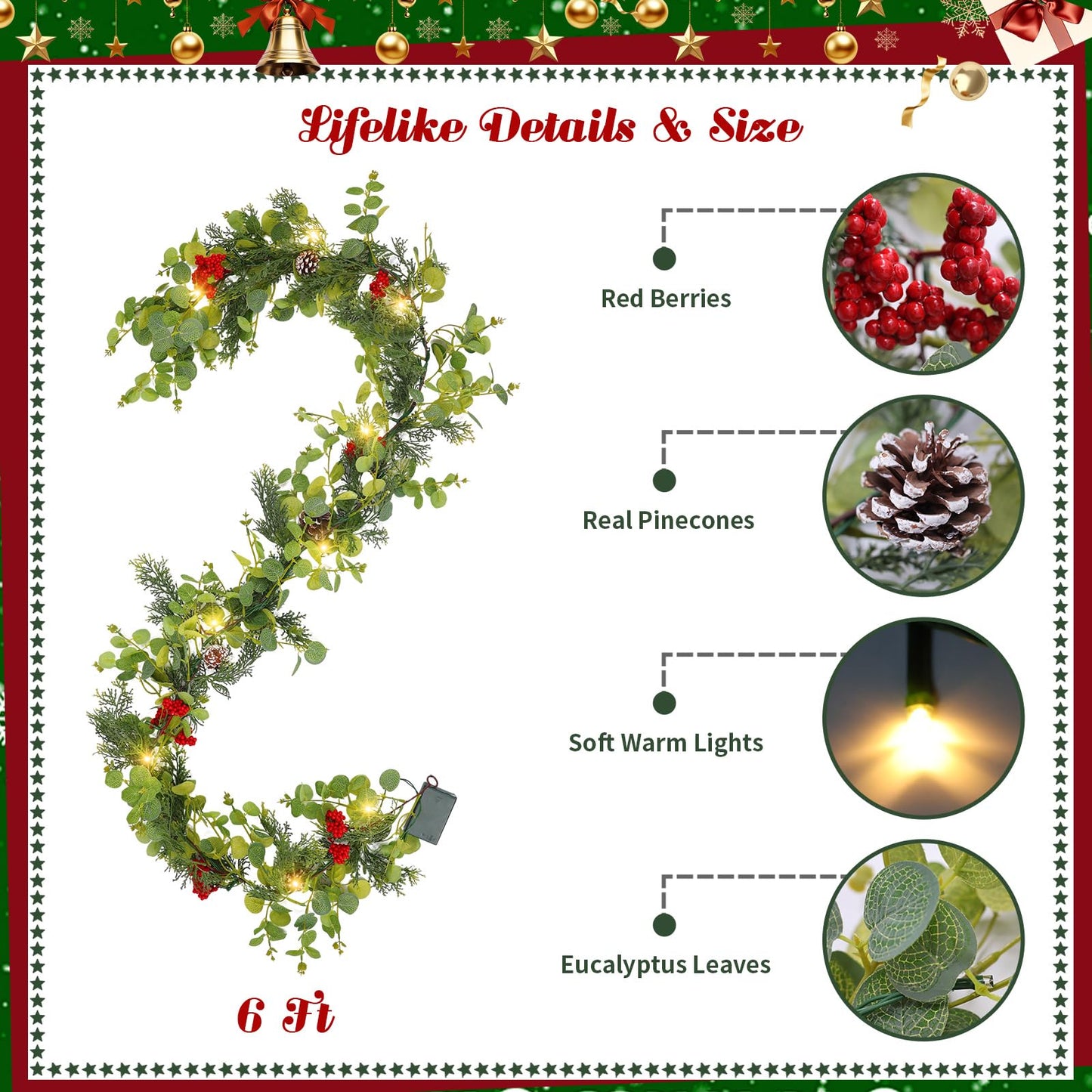 6FT Prelit Christmas Garland with Lights, Realistic Eucalyptus Garland with Artificial Cedar Cypress Leaves Red Berries Pine Cone Greenery Xmas Garland for Mantle Stair Railing Fireplace Decoroation
