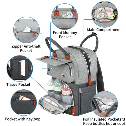 Diaper Bag Backpack, Baby Bag for Boys Girls, Large Diaper Backpack Travel Diaper Bags with Insulated Pockets Baby Registry Search Shower Gifts Newborn Essentials for Mom Dad, Waterproof Grey