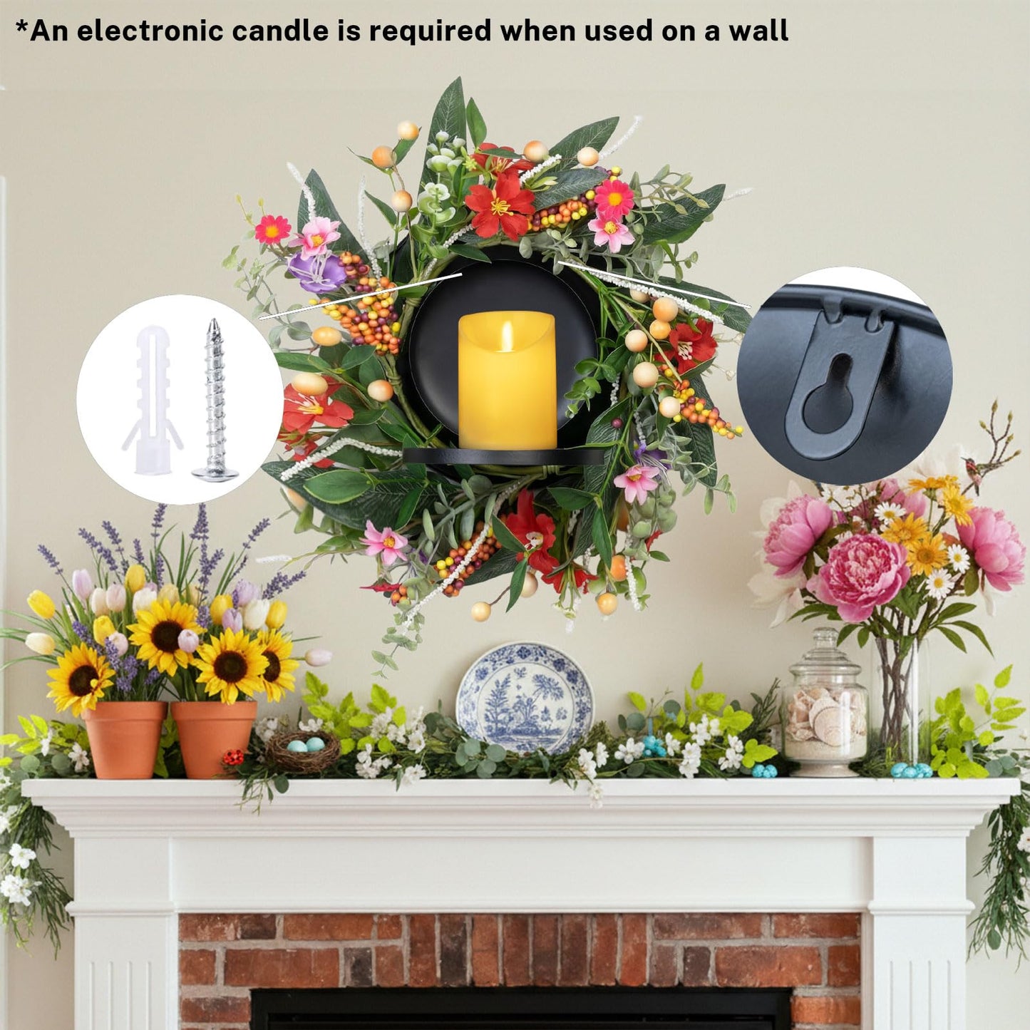 MOYEE Summer Centerpieces for Tables Wreath with Candle Holder,Candle Ring, Black Metal Candlestick with an Artificial Wreaths 14 in Versatile Dining Table Centrepiece (Red Flower Green Leaf Wreath)
