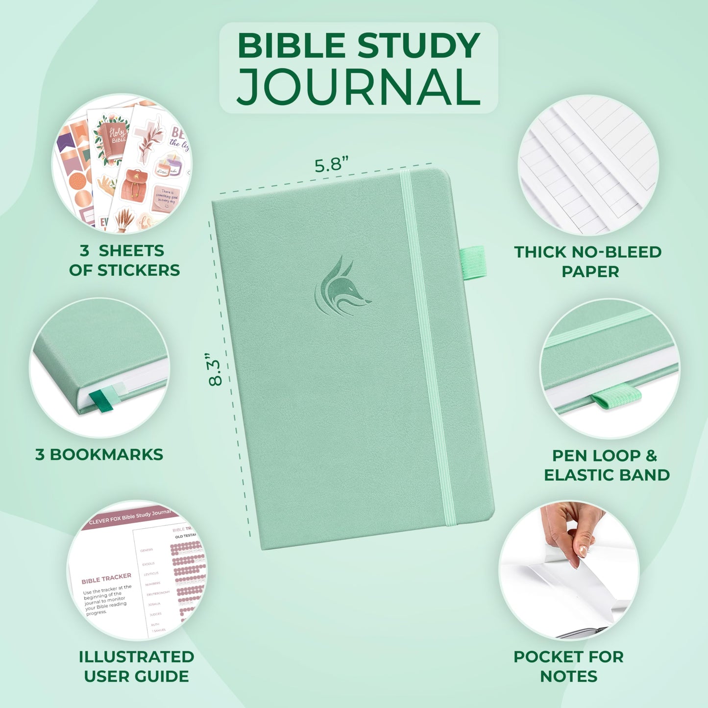 Clever Fox Bible Study Journal – Church Notes Notebook – Note Taking & Journaling Kit – Faith Based Religious Gifts & Accessories (Mint Cream)