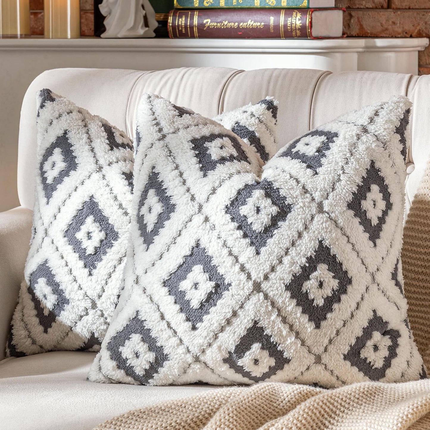 AmHoo Pack of 2 Decorative Throw Pillow Covers Rhomboid Luxury Super Soft Plush Set Case Cushion for Couch Sofa Bedroom 18 x 18-Inch Steel Grey