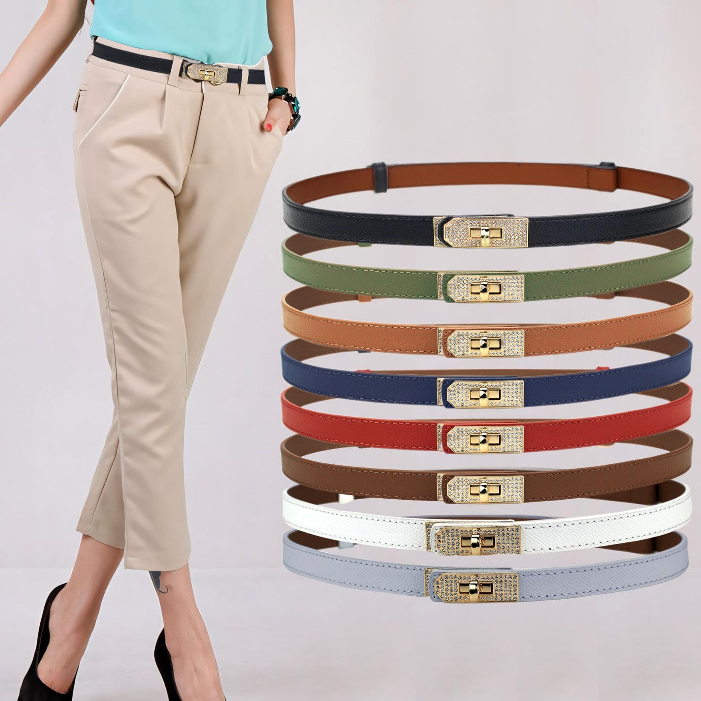 MoYoTo Women’s Stylish Rhinestone Gold Buckle Skinny Leather Belt Turn Lock Thin Waist Belts for Dresses Jeans Coats (Light Grey)