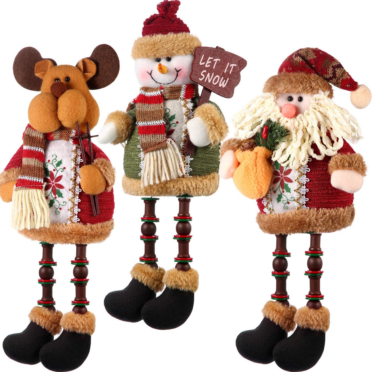 Sumind 3 Pcs Christmas Sitting Doll Santa Claus Snowman Reindeer Sitter Christmas Ornament with Long Legs Xmas Figurines Plush for Table Fireplace Home Decoration