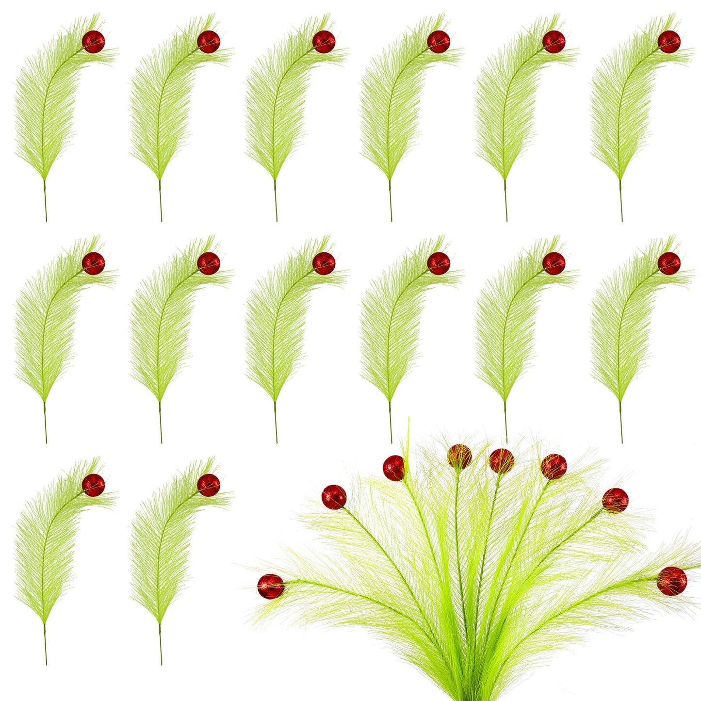 Hananona 30pcs 15" Christmas Picks and Sprays Christmas Tree Filler Green Curly Greenery Stems with Red Ball Xmas Artificial Stems for CraftsTree Decor, Vase Fillers, Home Decorations (30, Green)