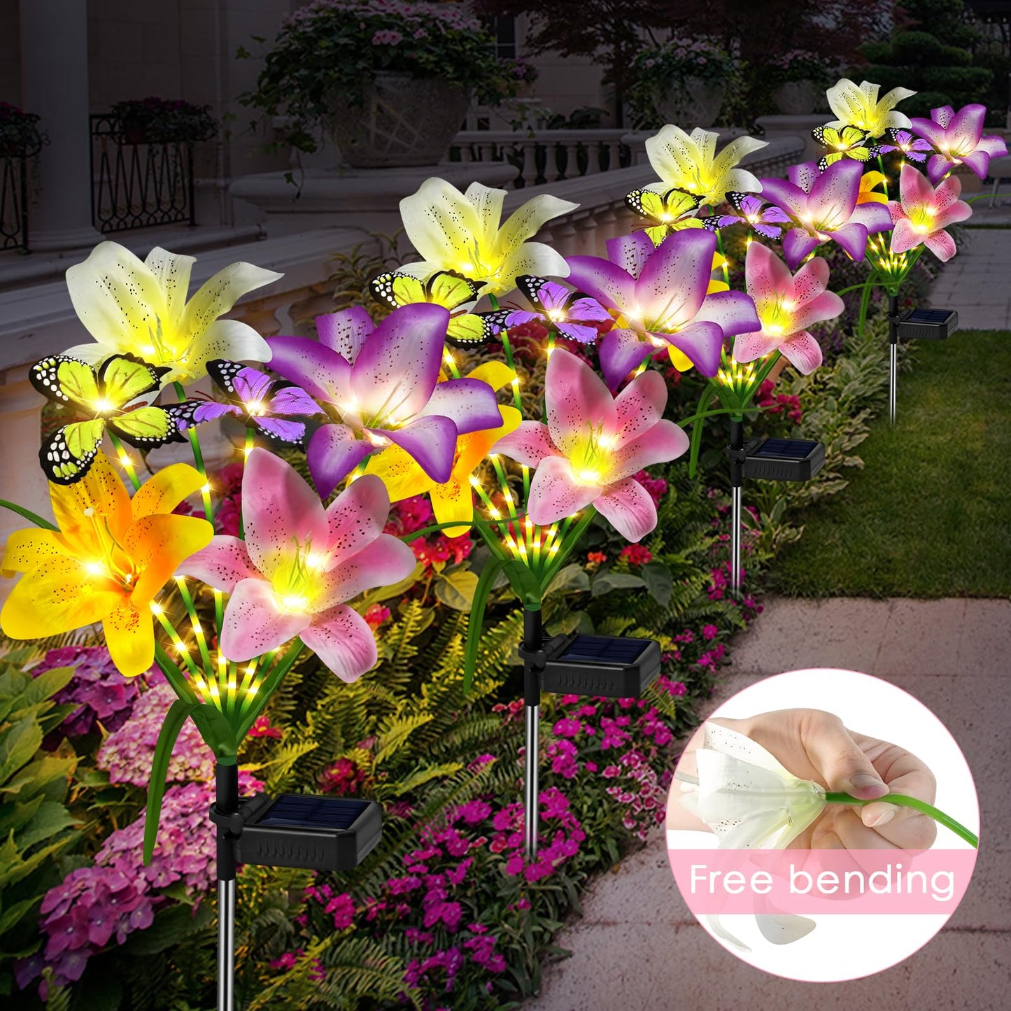 ostritec Solar Garden Lights Outdoor, 4 Pack Flower Lights for Outside, 16 Solar Lilies with Butterflies, Waterproof Garden Decor for Yard, Patio, Gifts for Women Mom (4 pcs Lilies)