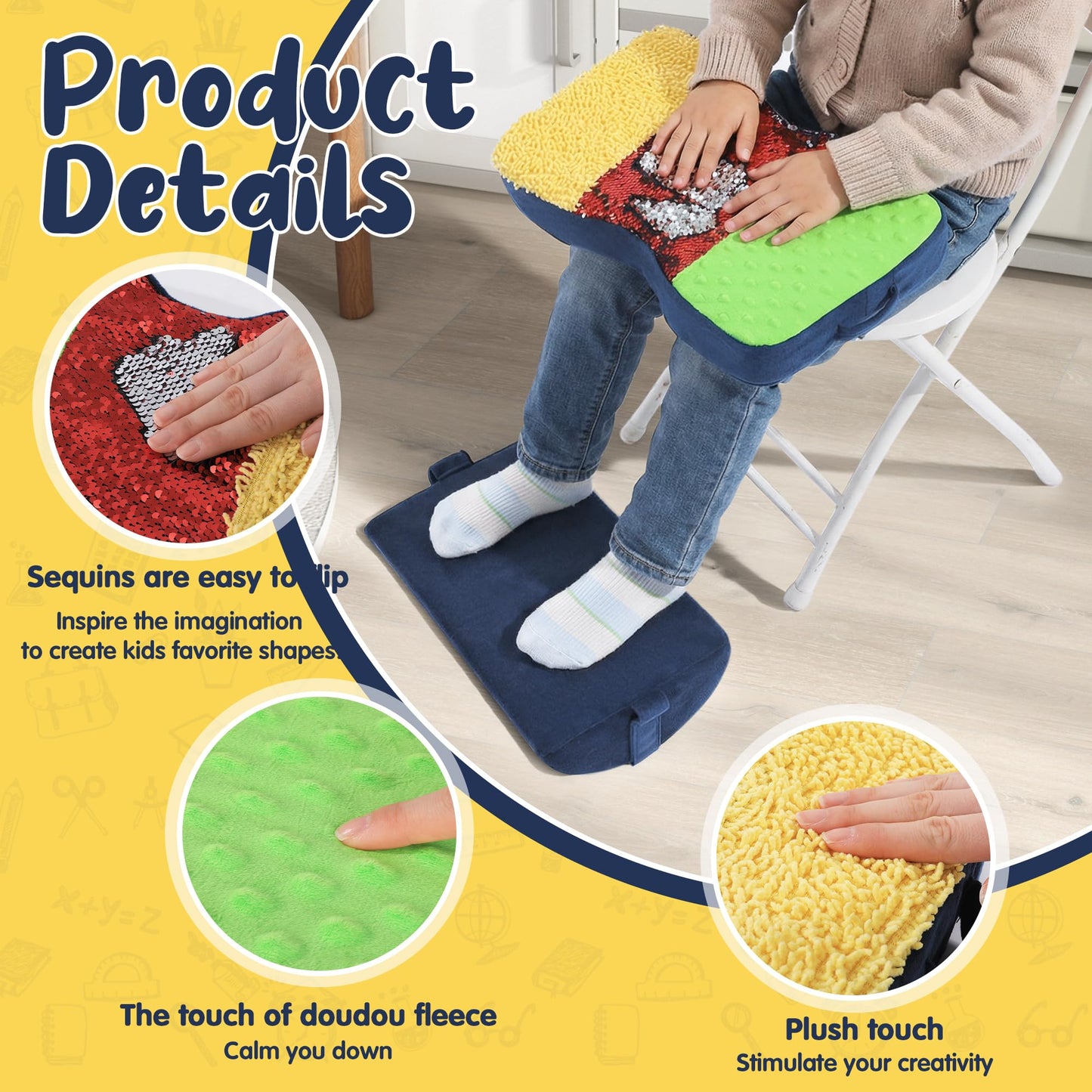 BALAPET Adjustable Height Wiggle Wobble Chair Feet, Egg Crate Foam Sensory Foot Cushion with Sequin Flip Fabric, Quietly Facilitates Movement to Help Improve Concentration in The Classroom,or at Home