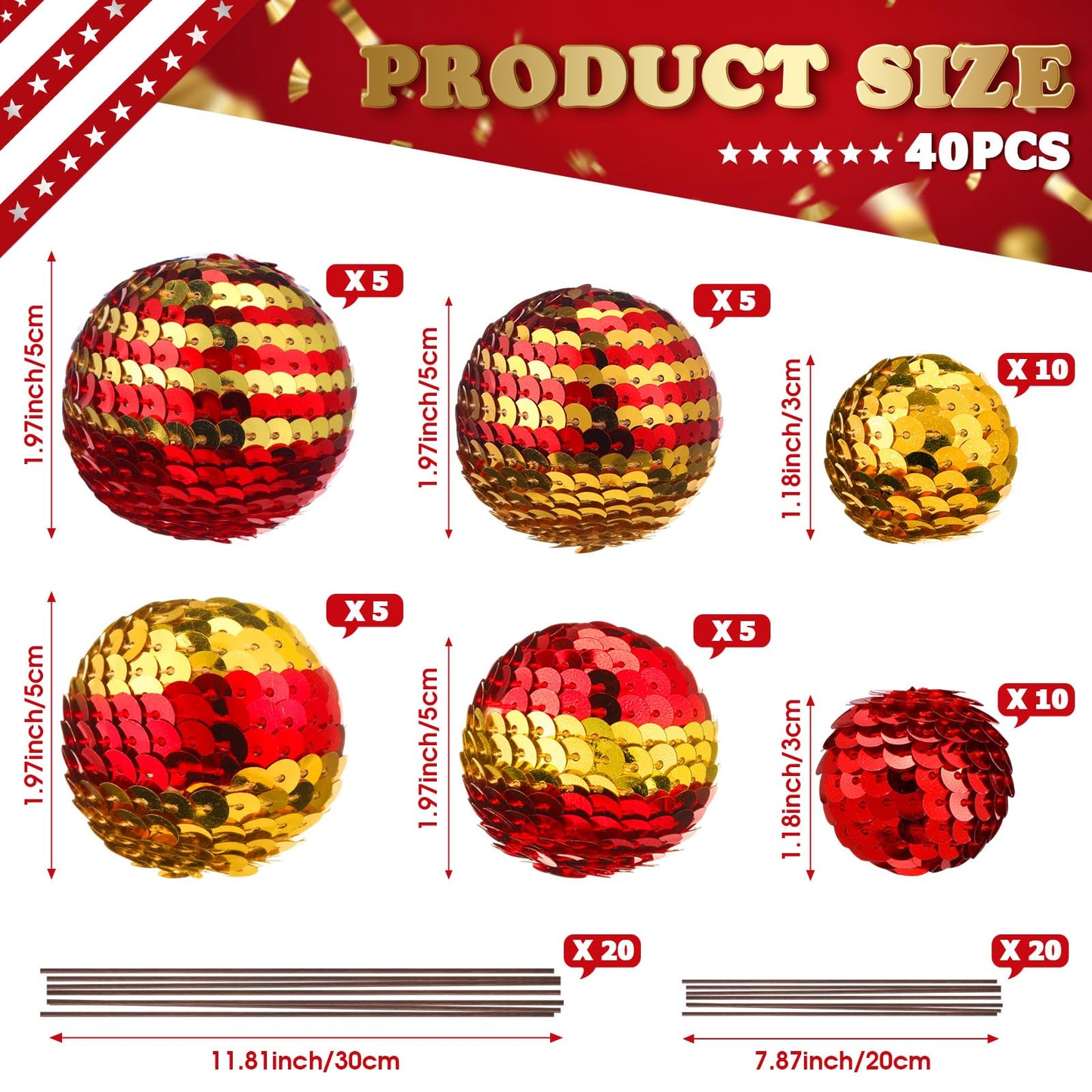 Hiboom 40 Set Independence Day Sequins Ball Decoration Picks Patriotic Ornaments 4th July Tree Decorations Sequin Ball Ornament for Memorial Day Veterans Patriotic USA Themed Party(Gold, Red)