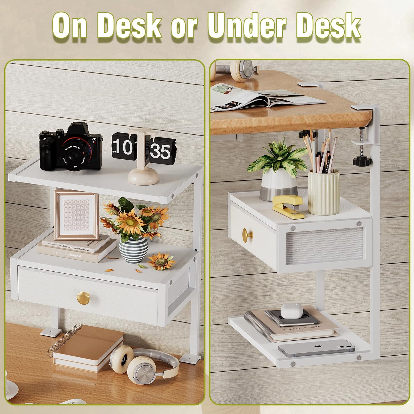 VENNQD Clamp On Desk Shelf, 2-Tier Desktop Organizer, Wood Desktop Supplies Tabletop Book Storage Rack with Adjustable Shelves for Table Working and Gaming Accessories, White