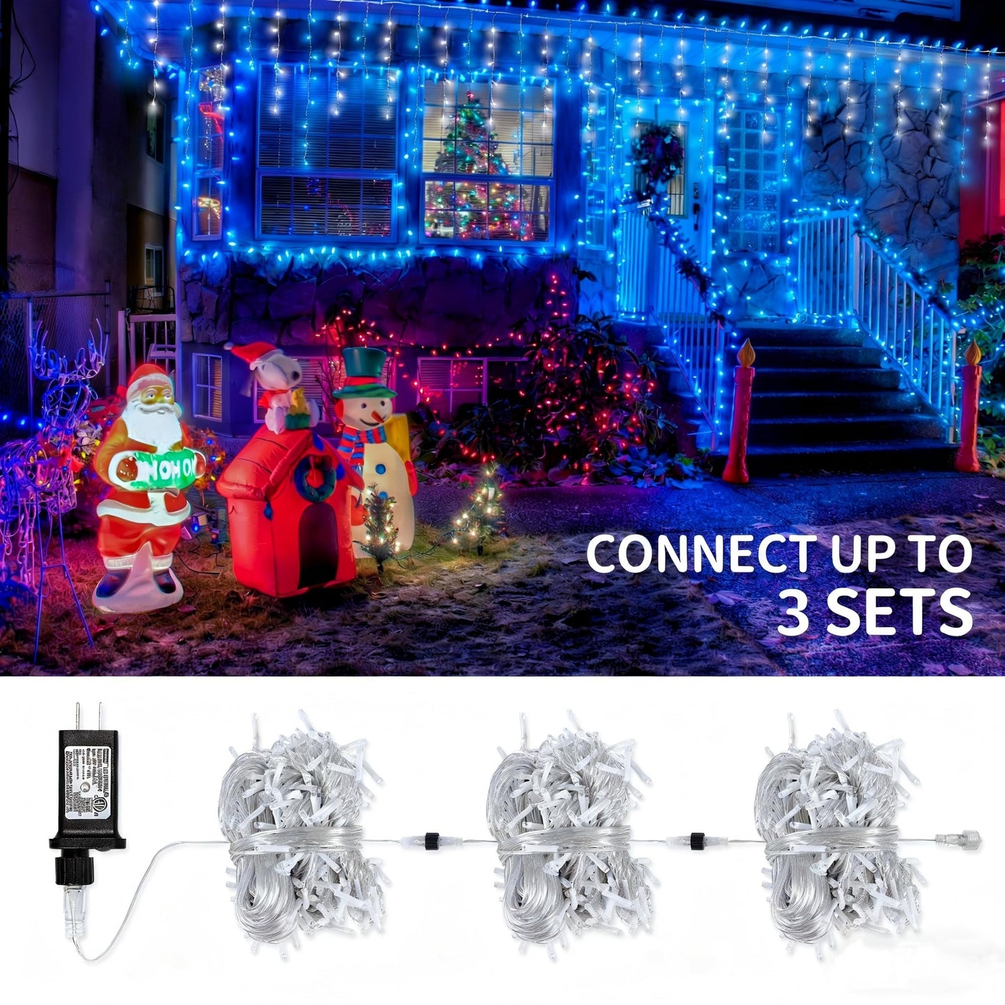 oopswow Icicle Lights Outdoor Decorations 300 LED 33ft 8 Modes Curtain Fairy String Light with 50 Drops, LED String Light Indoor for Wedding Party Holiday Christmas Decorations,Blue+White