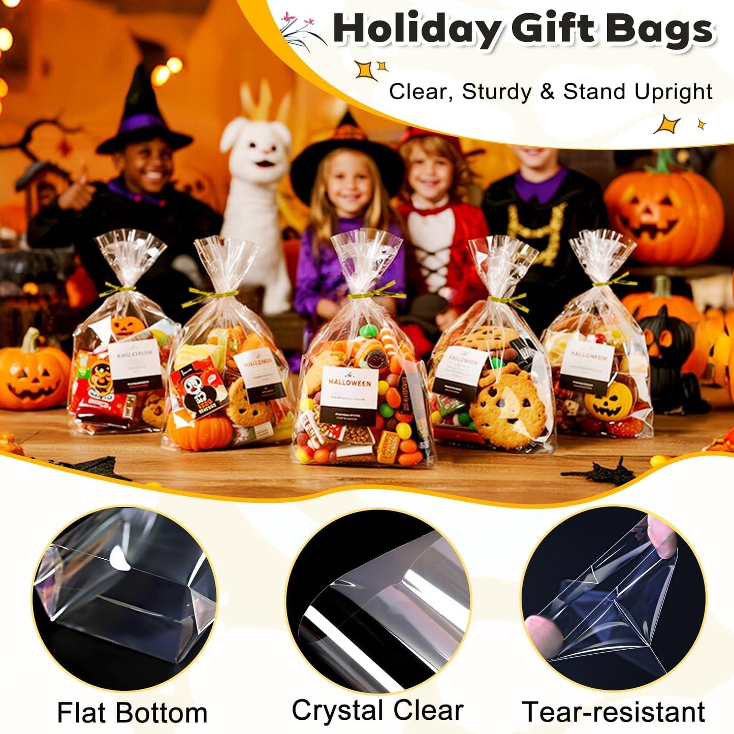 PigPotParty Cellophane Treat Bags 6x9 Inch, 100 Pack Clear Goodie Bags with Bottom Gusset for Stand-Up Display, Small Plastic Gift Wrap for Cookies, Candy, Party Favors, Popcorn, Includes 100 Ties