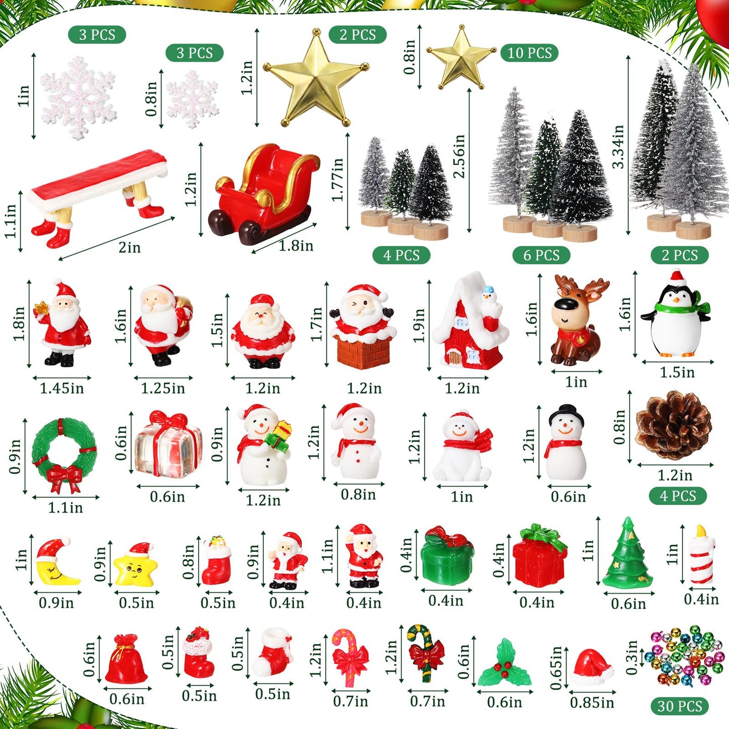 Roowest 96 Pcs Miniature Ornaments for Snow Globe Kit DIY Christmas Village Decoration Christmas Figurines Mini Ornaments with Snowman Reindeer Santa Claus Snowflake(Green Sliver Black)