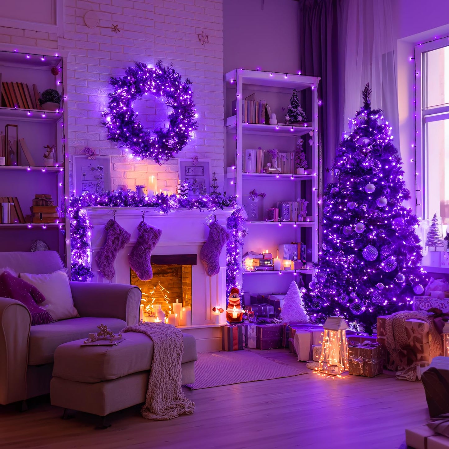 JMEXSUSS Purple Christmas Lights Battery Operated, 2 Pack 100 LED Outdoor Purple String Lights Waterproof, Each 33 FT Christmas Tree Light Indoor for Halloween Decorations Party Porch Garden Decor