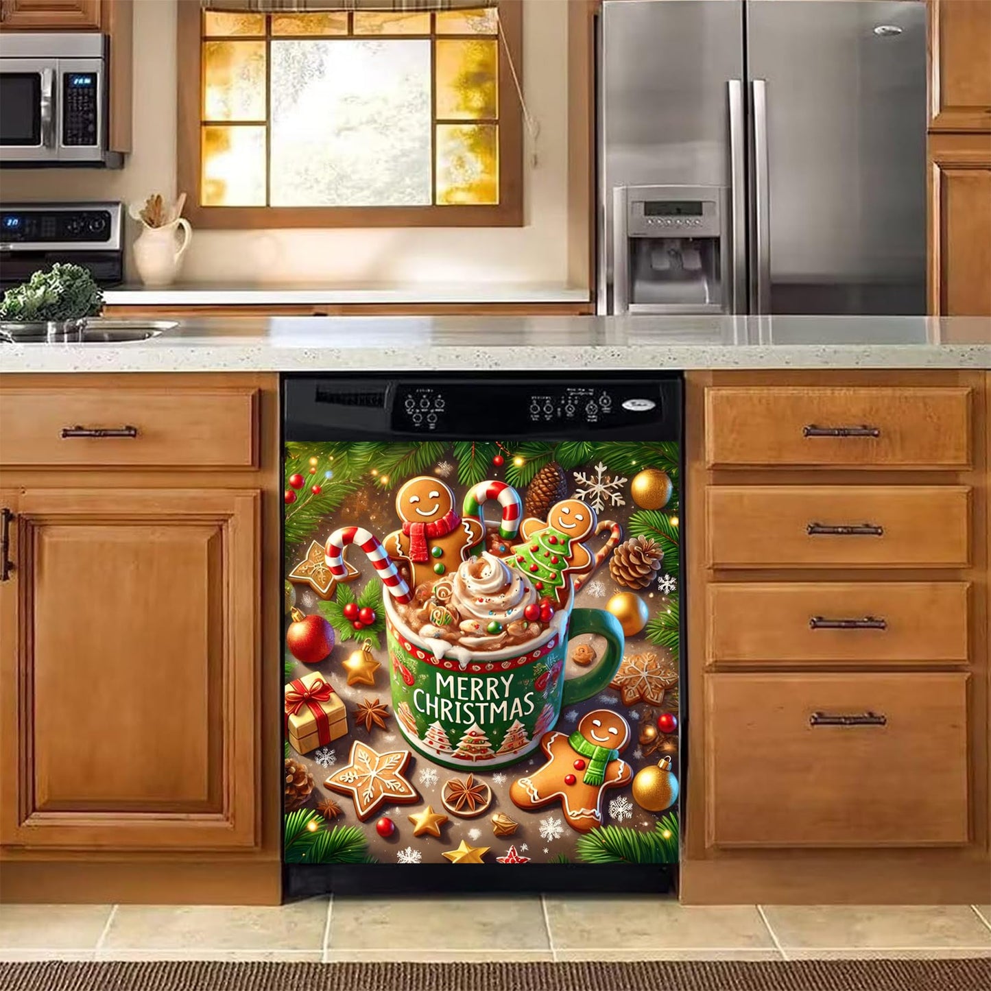 BVBOX Christmas Dishwasher Magnet Cover 23"x26", Reusable Magnetic Refrigerator Covers, Dishwasher Magnets Decorative Cover Fridge Door Skin Panel Stickers (Gingerbread Man Cocoa)
