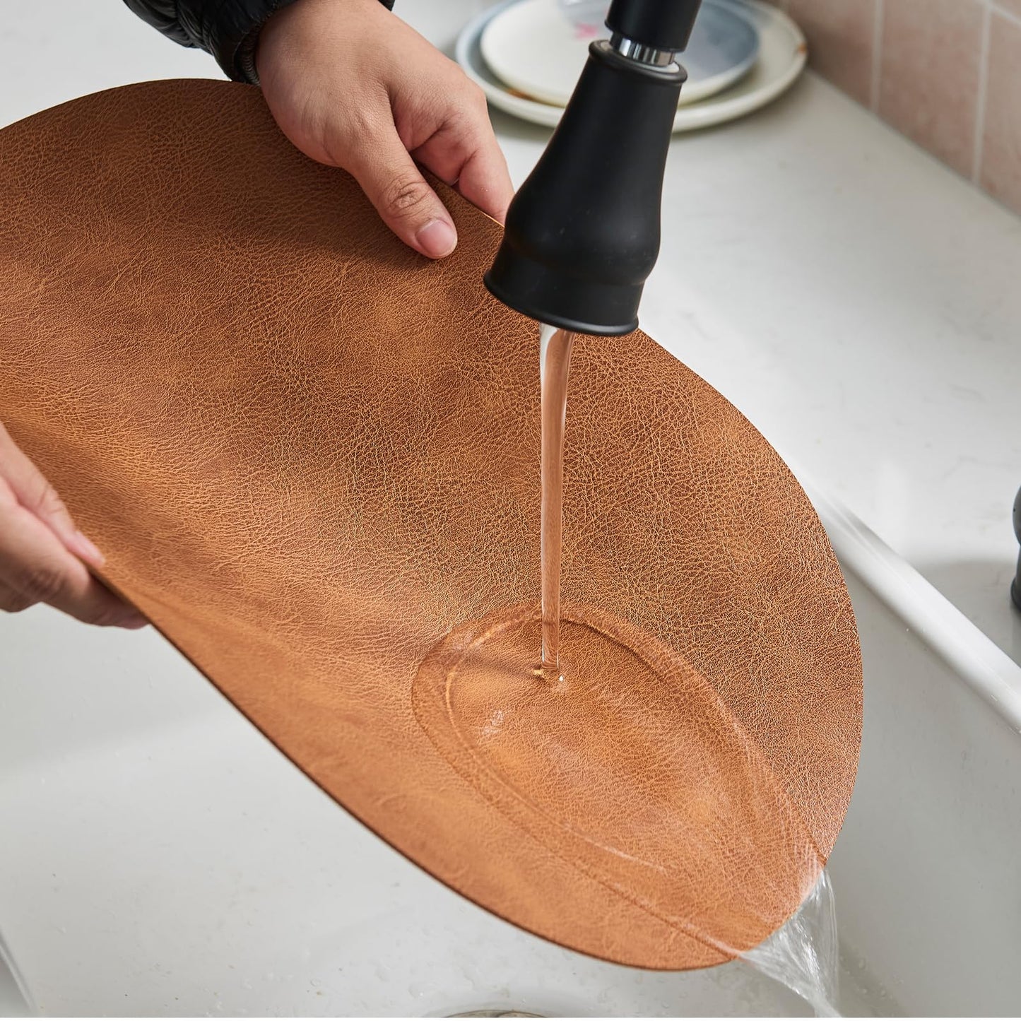 YLUSUJAKX Faux Leather Placemats Set of 8, Heat Resistant Oval Placemats 12" x 18", Waterproof Non-Slip Dining Table Mats for Kitchen Farmhouse Modern Home Decor