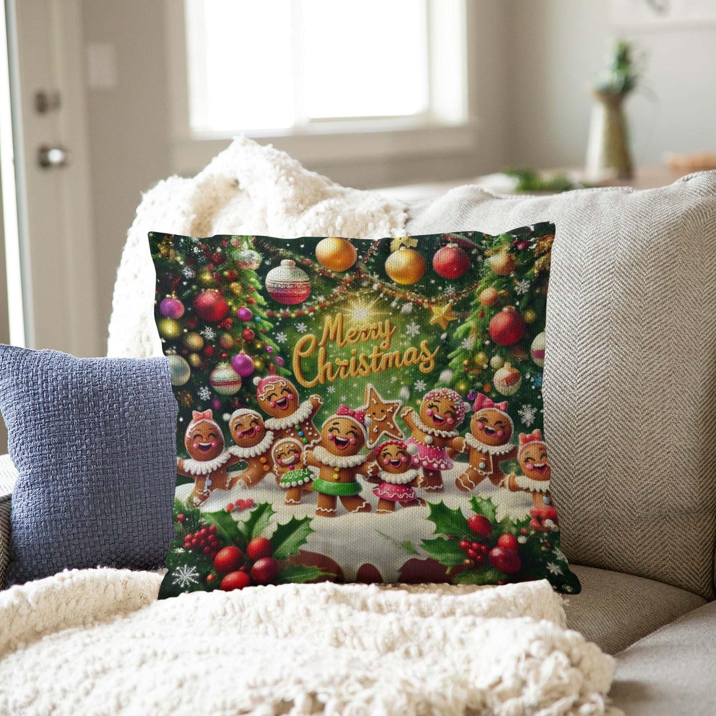 Jiaopenyou Throw Pillow Cover 20x20 Inch,Gingerbread Girls Dancing with The Words Merry Christmas Throw Pillow Case,Home Decor Cushion Covers for Sofa Living Room Couch Bed