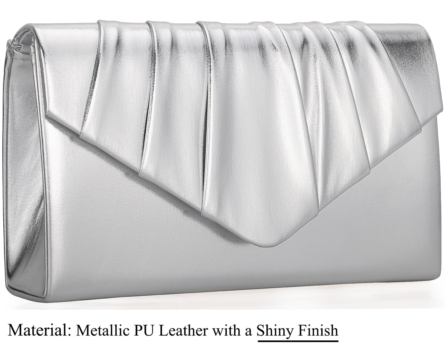 Venoline Women Evening Clutch Purse - Shimmering Metallic PU Leather Pleated Flap Envelope Handbag for Wedding Prom Party Silver