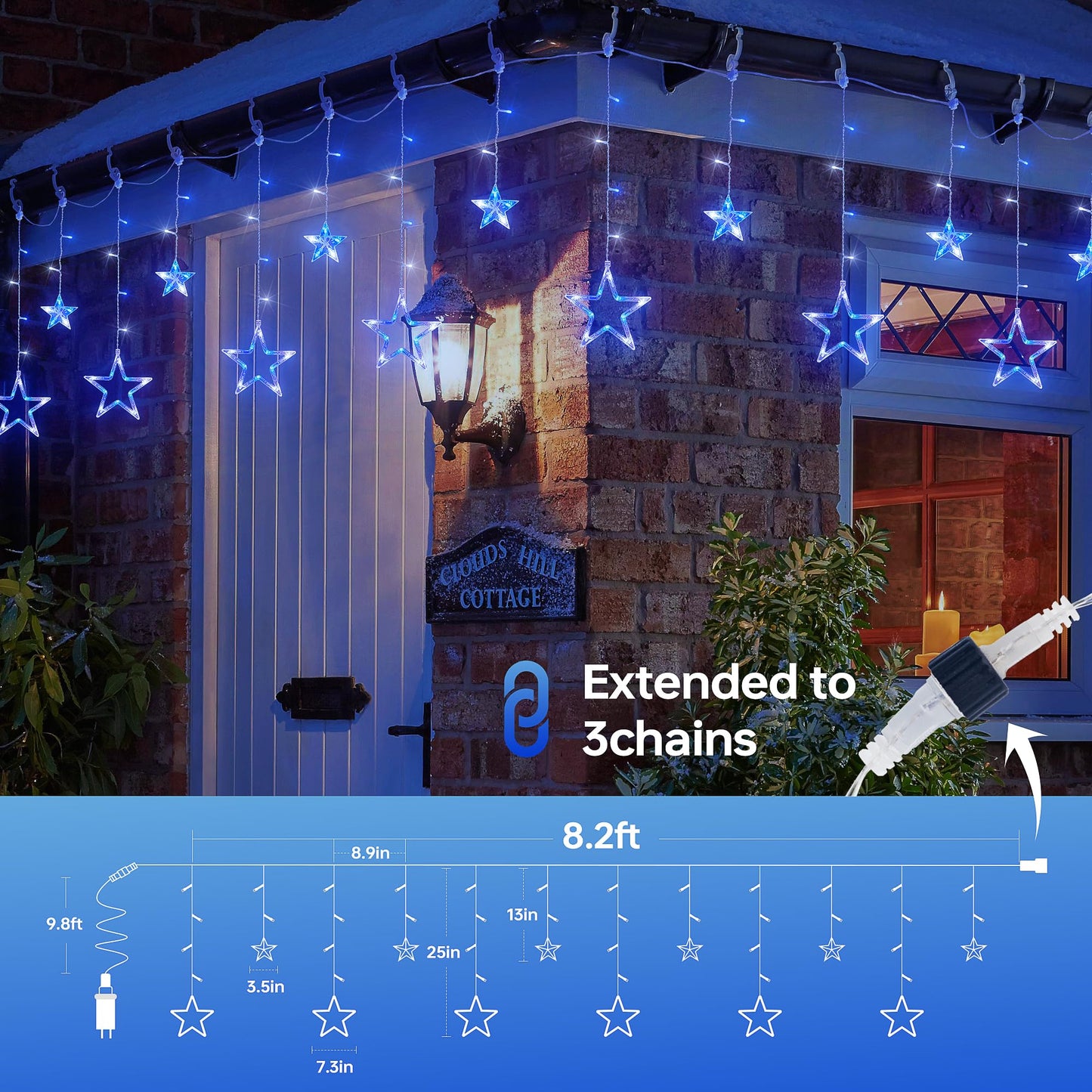 MYGOTO 126L Blue White Christmas Star Icicle Lights, 8.2FT Clear Curtain Fairy String with Connectable, Timer 8 Modes Memory, Waterproof Hanging for Eaves, Party, Wedding Indoor Outdoor Decorations