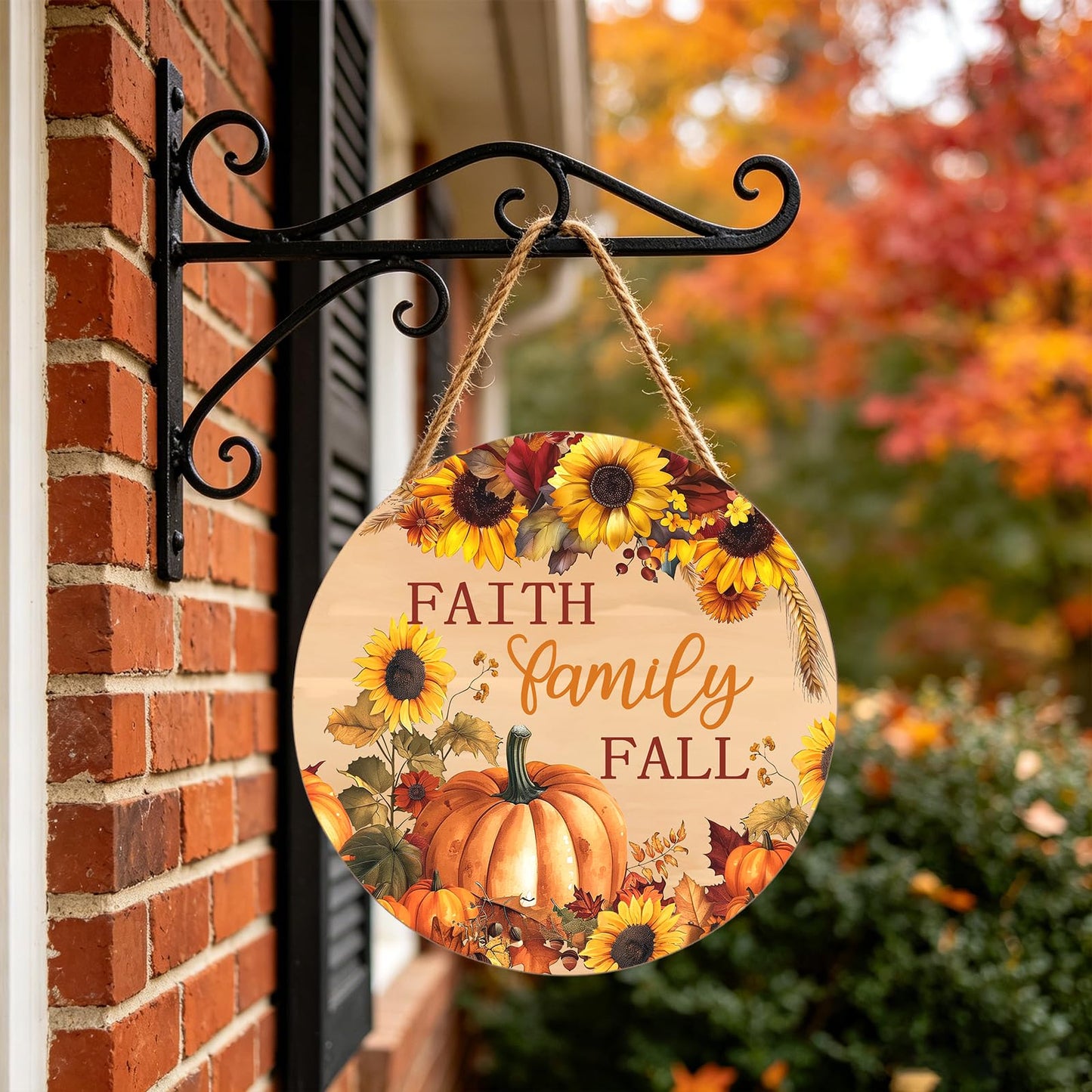 Faith Family Fall Front Door Sign Fall Sunflower Pumpkin Door Decorations Wood Sign Autumn Harvest Wreath Door Hanger Farmhouse Fall Plaques Wall Hanging Decoration for Home Proch Yard 12"x12"