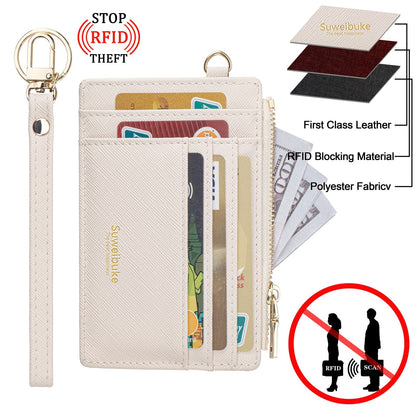 Women Slim Rfid Blocking Credit Card Case Holder Wristlet Zip ID Case Wallet Small Compact Leather Wallet Coin Purse with Keychain (Beige)