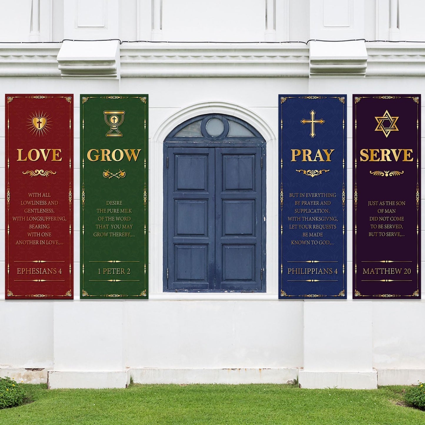 4Pcs Welcome Religious Easter Banners for Church Sanctuary Wall - Hanging Backdrop Worship Christian Nativity Banner Scripture Porch Signs for Easter School Nativity Decor