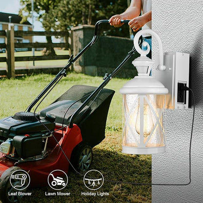 Darkaway Motion Sensor Outdoor Wall Light Dusk to Dawn Outdoor Porch Light with GFCI Outlet Waterproof Exterior Wall Sconce with Seeded Glass White Lighting Fixture for House Patio Garage