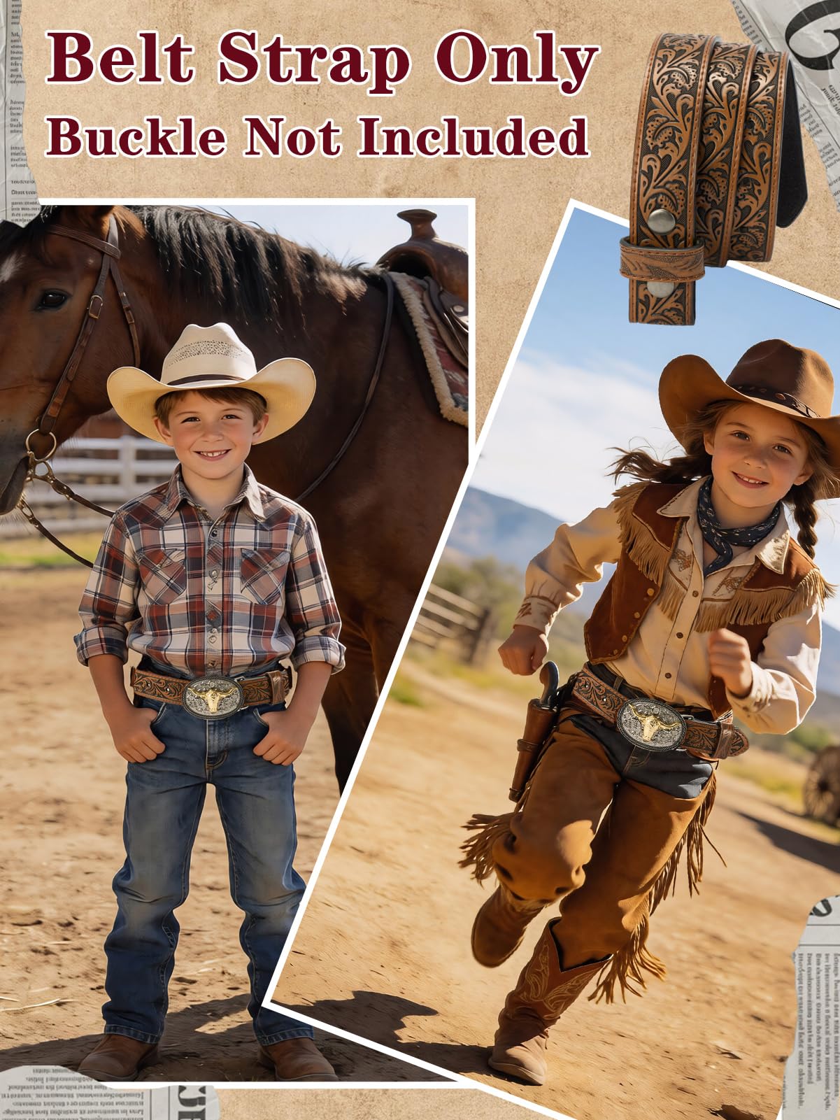 Kids Boys Western Belt Cowboy Leather Belt-Girls Adjustable Embossed Leather Belt Strap for Jeans Gift (Brown, 33.5" fit waist 27"-30.5")