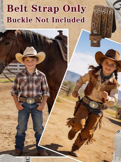 Kids Boys Western Belt Cowboy Leather Belt-Girls Adjustable Embossed Leather Belt Strap for Jeans Gift (Brown, 33.5" fit waist 27"-30.5")