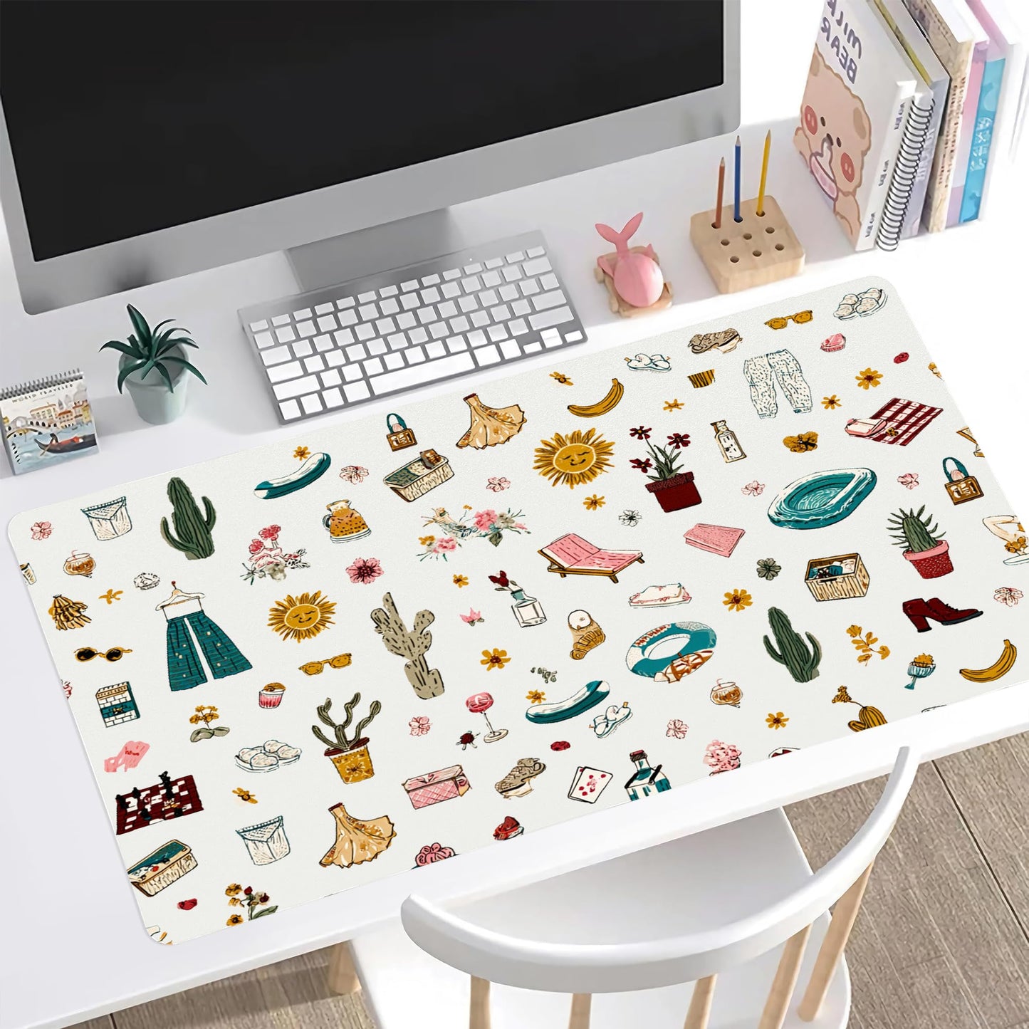 Idocolors Cow Girl Desk Mat, Cute Extended Gaming Keyboard Mouse Pad, Large Office Desk Cover Mat Pad Deskmat, Non-Slip Leather Home Office Desk Mat Protector 31.5"×15.7"