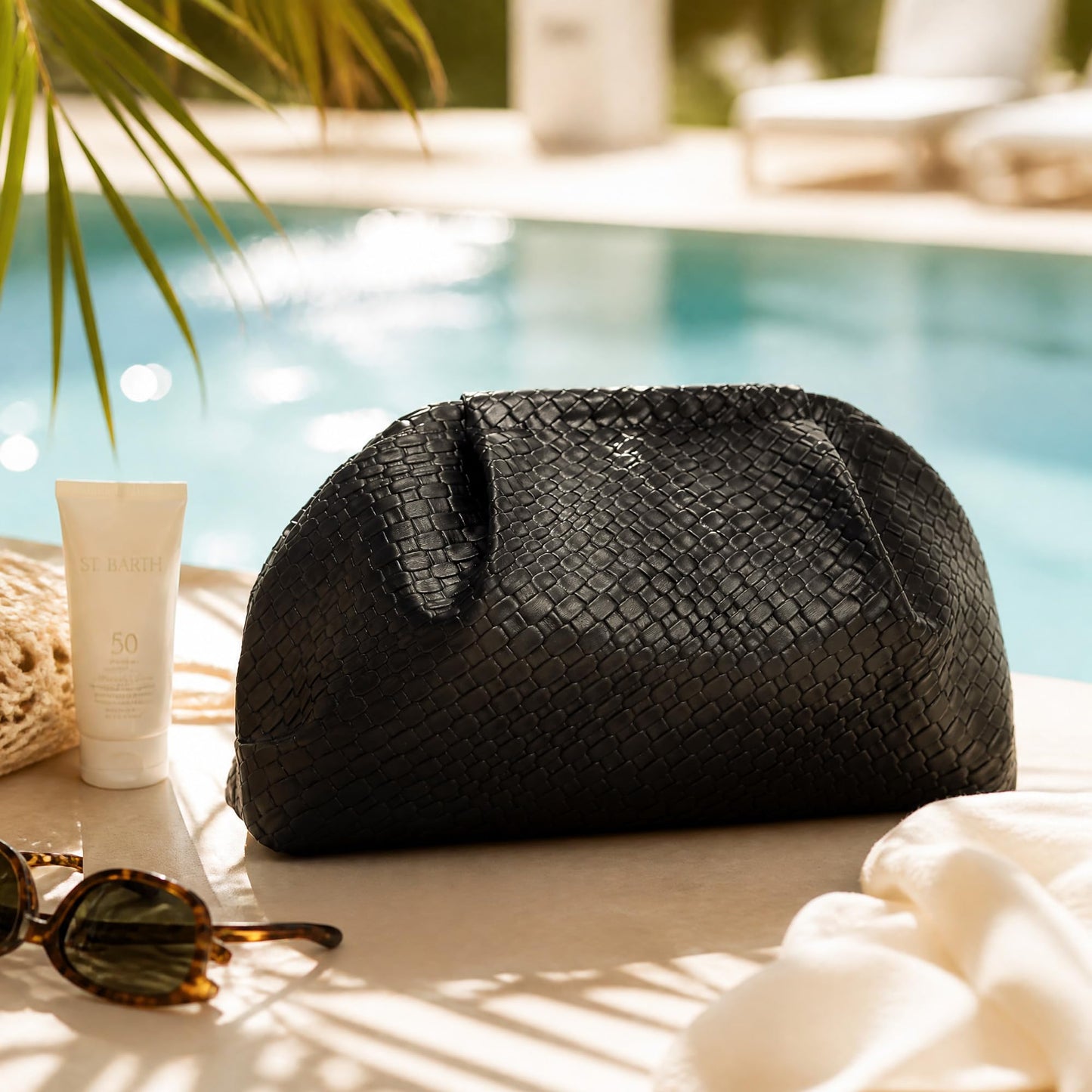 BOYATU Travel Makeup Bags for Women: Elegant Evening Woven Vegan Leather Make up Bag Clutch – 3 Pcs Set Large Capacity Compact Cosmetic Organizer for Purse,Bride Bridesmaid Gift (Black)