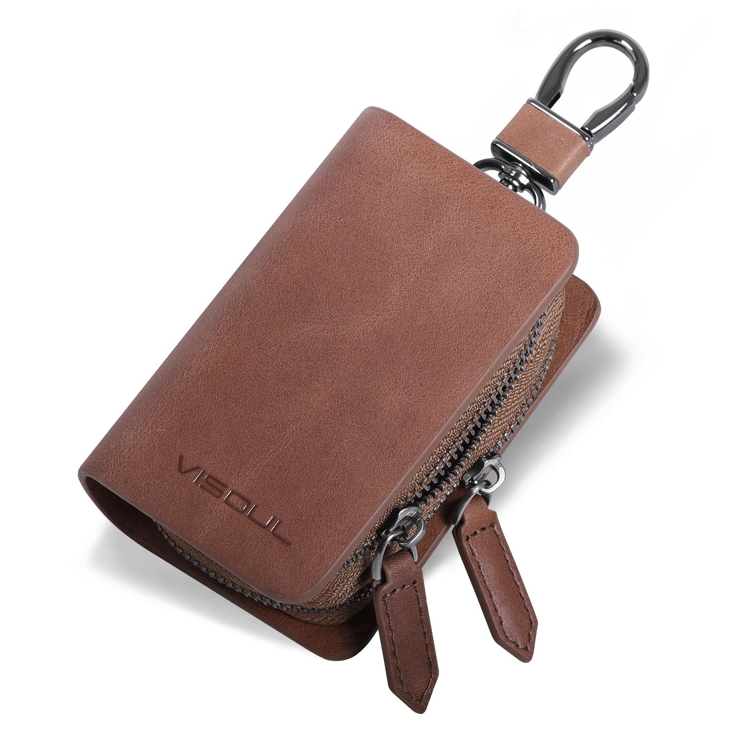 VISOUL Car Key Case Holder Double Zipper, Leather Car Smart Key Fob Case with Keychain for Men and Women-Brown