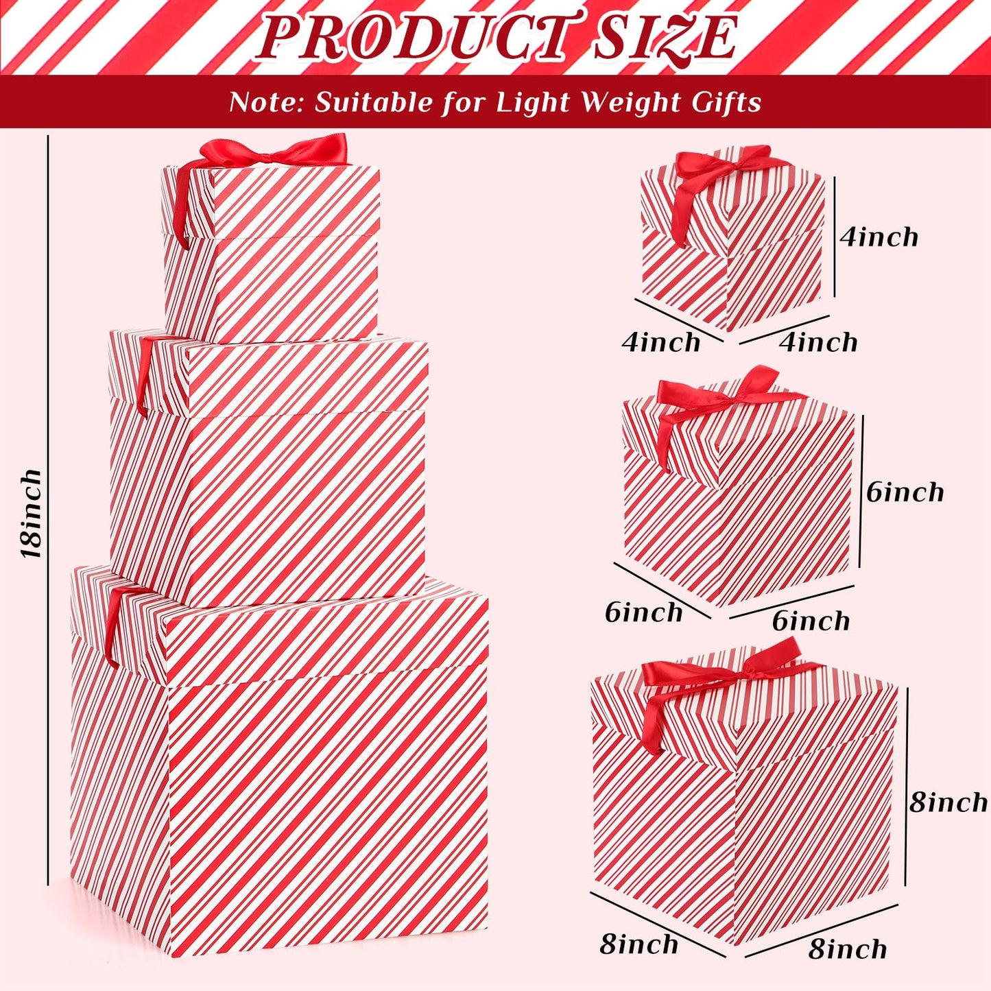 TecUnite 3 Pcs Christmas Nesting Gift Boxes Candy Cane Striped Christmas Stackable Boxes Decorative with Lids for Present Wrapping Xmas New Year Holiday Party Decor(Red White Stripe)