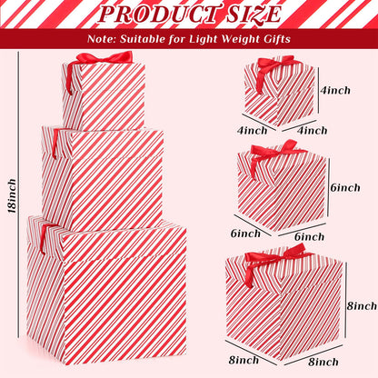TecUnite 3 Pcs Christmas Nesting Gift Boxes Candy Cane Striped Christmas Stackable Boxes Decorative with Lids for Present Wrapping Xmas New Year Holiday Party Decor(Red White Stripe)
