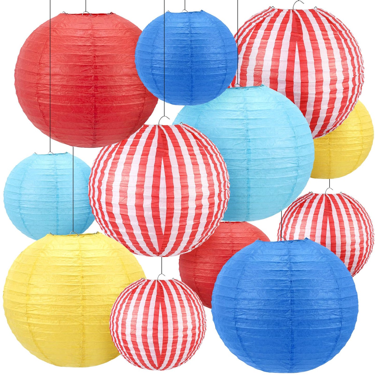 Hortsun 12 Pcs Carnival Circus Decorations Carnival Paper Lanterns Set Red Yellow and Blue Hanging Paper Lanterns for Circus Wedding Birthday Party Baby Shower Home Decoration