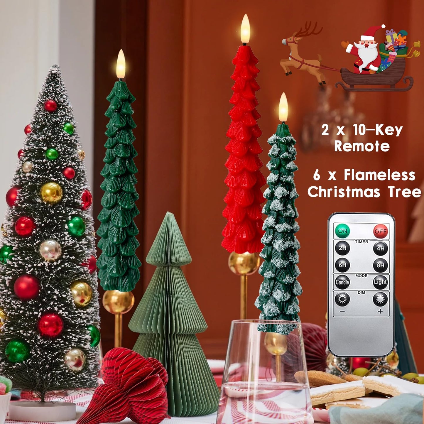 6 Pack Christmas Tree Taper Candles Flameless Taper Candles with Remote Timer Christmas Tree Candlesticks 3D Wick Flickering Battery Operated Candles for Christmas Holiday Home Party Decoration